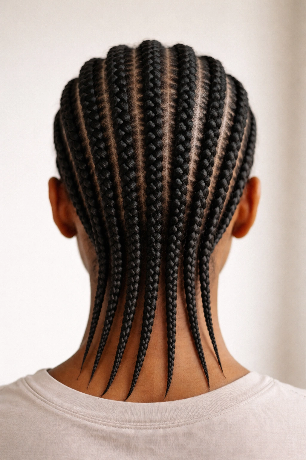 Back view of neat straight-back protective cornrows with minimal styling.