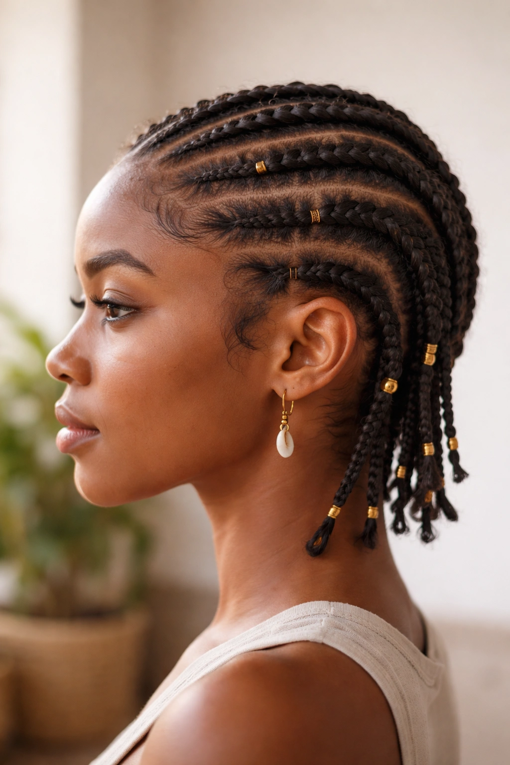 Side-profile of protective Fulani braids on short natural hair showing gentle tension