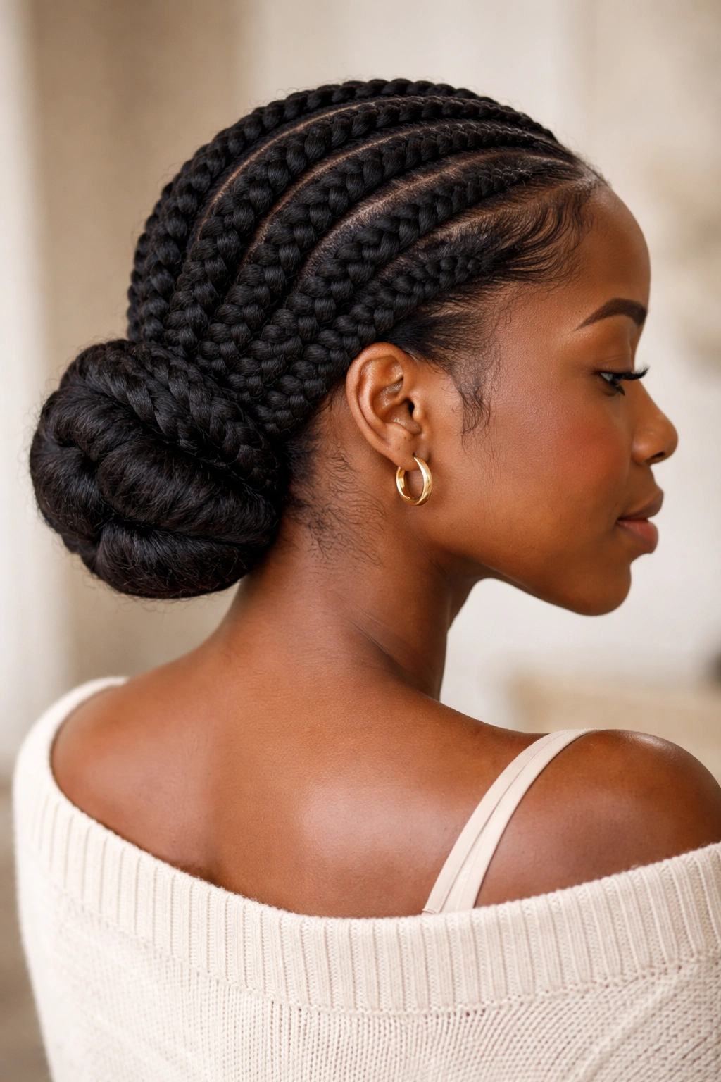 Close-up of a 4C hair protective style showing tucked ends