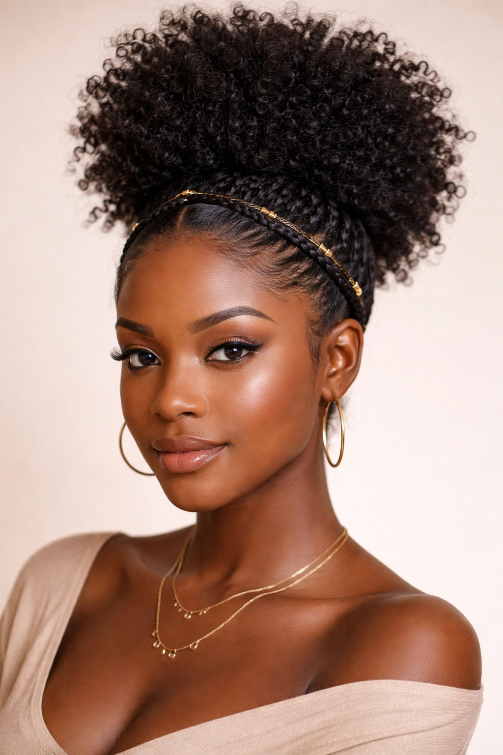 Portrait of a person with a high puff and braided accents around the base of the puff
