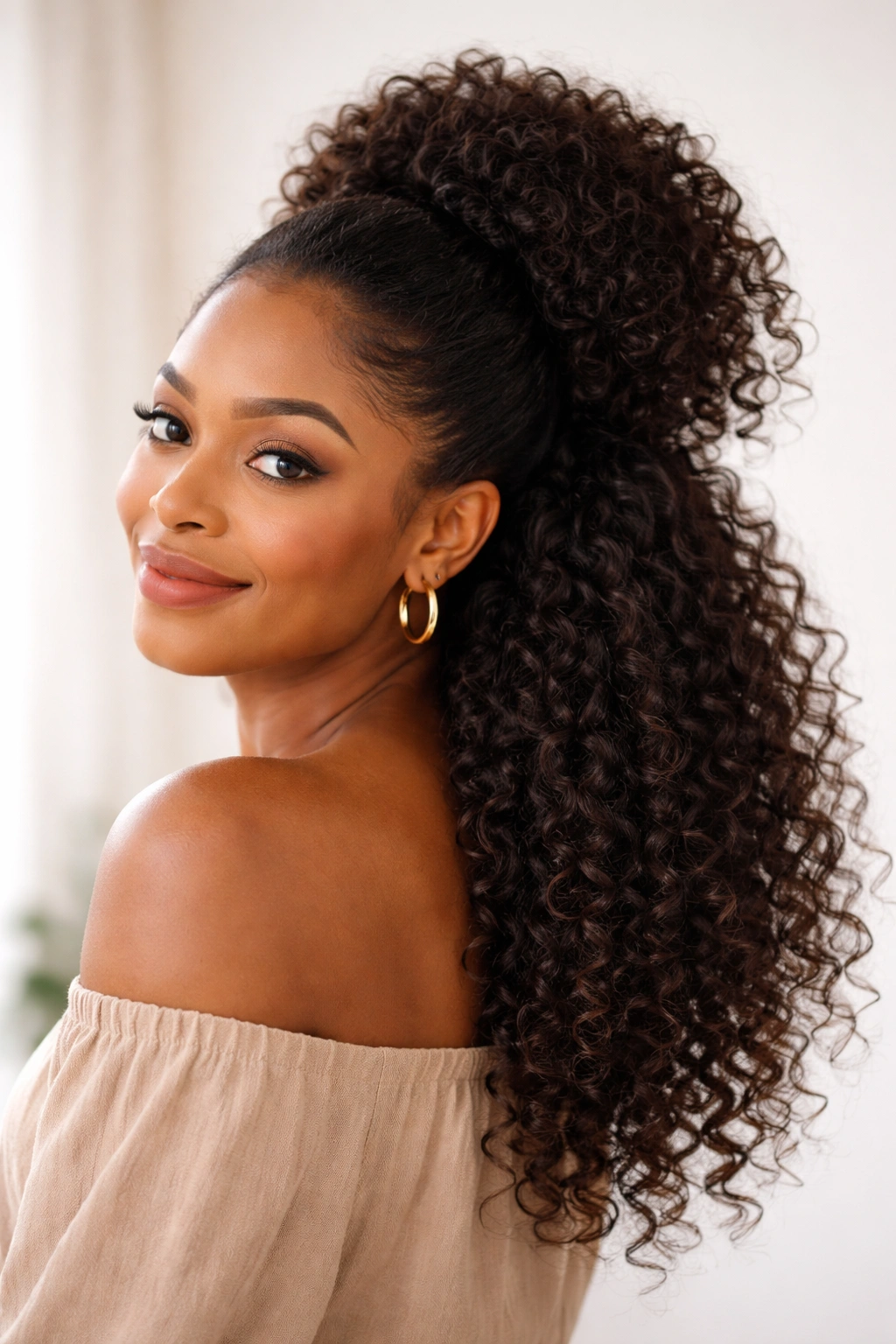 Crown puff with cascading natural curls below.