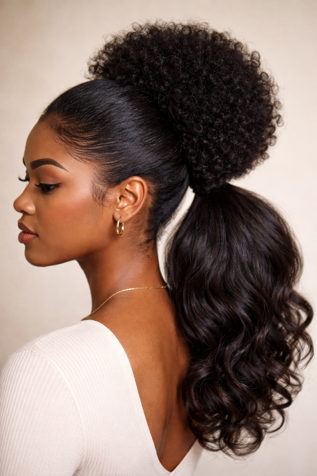 Crown puff sits atop a low ponytail transition, wrapping visible.