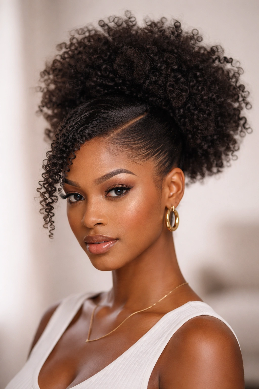 High-volume puff with side part on natural hair