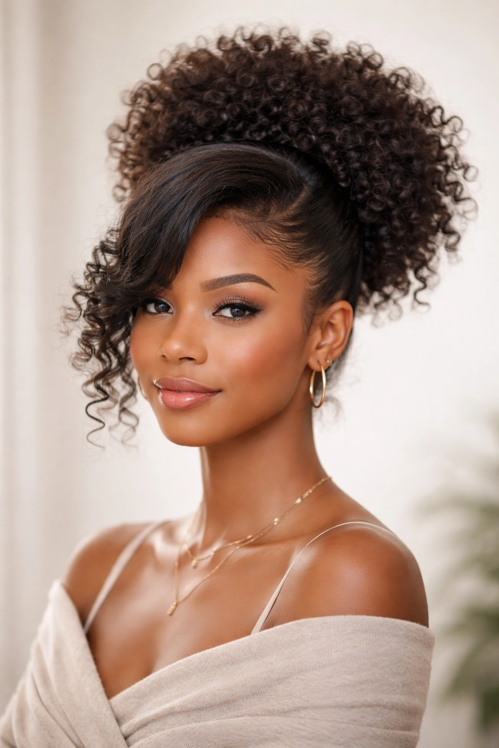 Close-up of The Soft Swooped Puff with a high crown puff and a gentle swoop