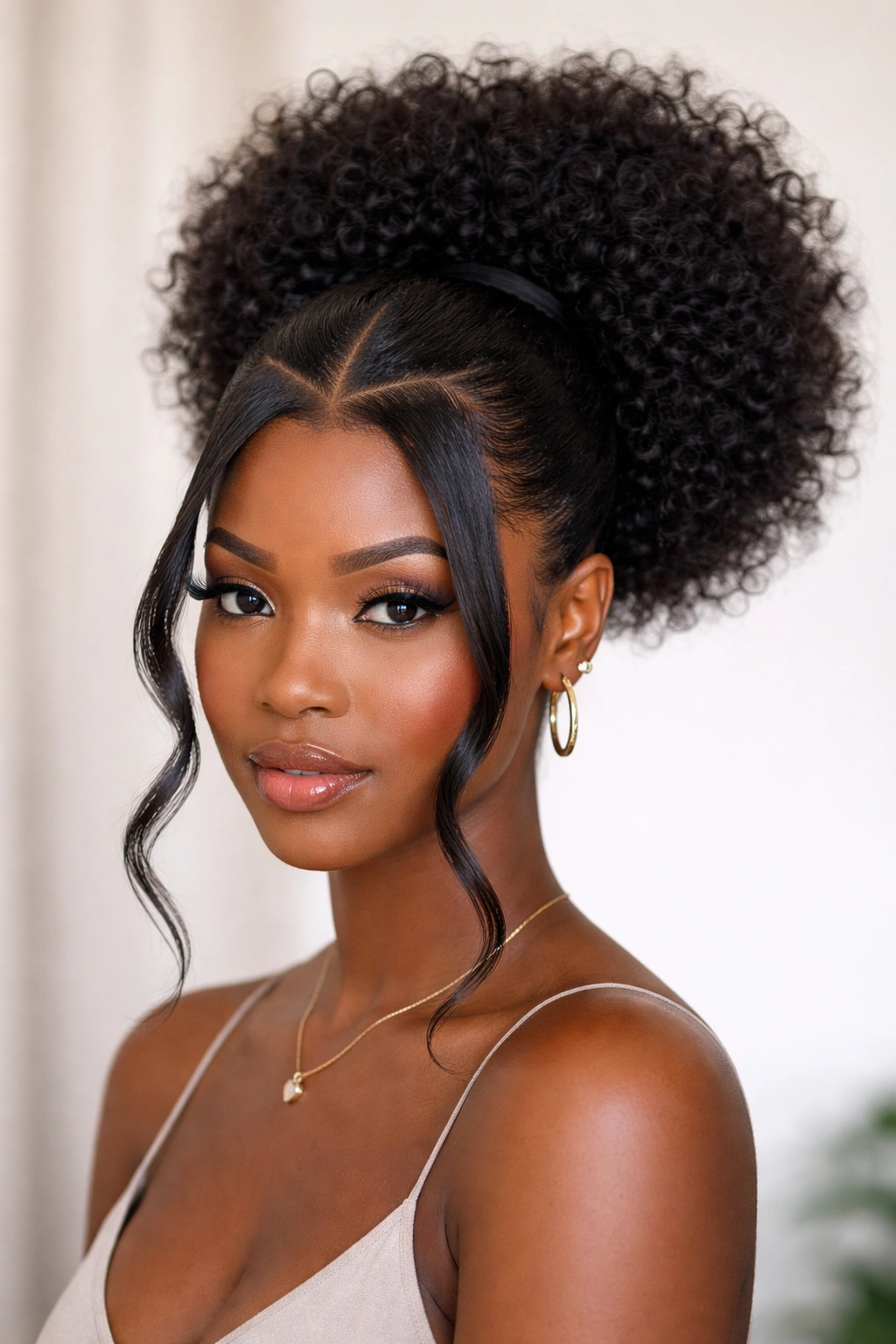 Side view of Puff V Part Ponytail showing face-framing V-section and high rounded puff