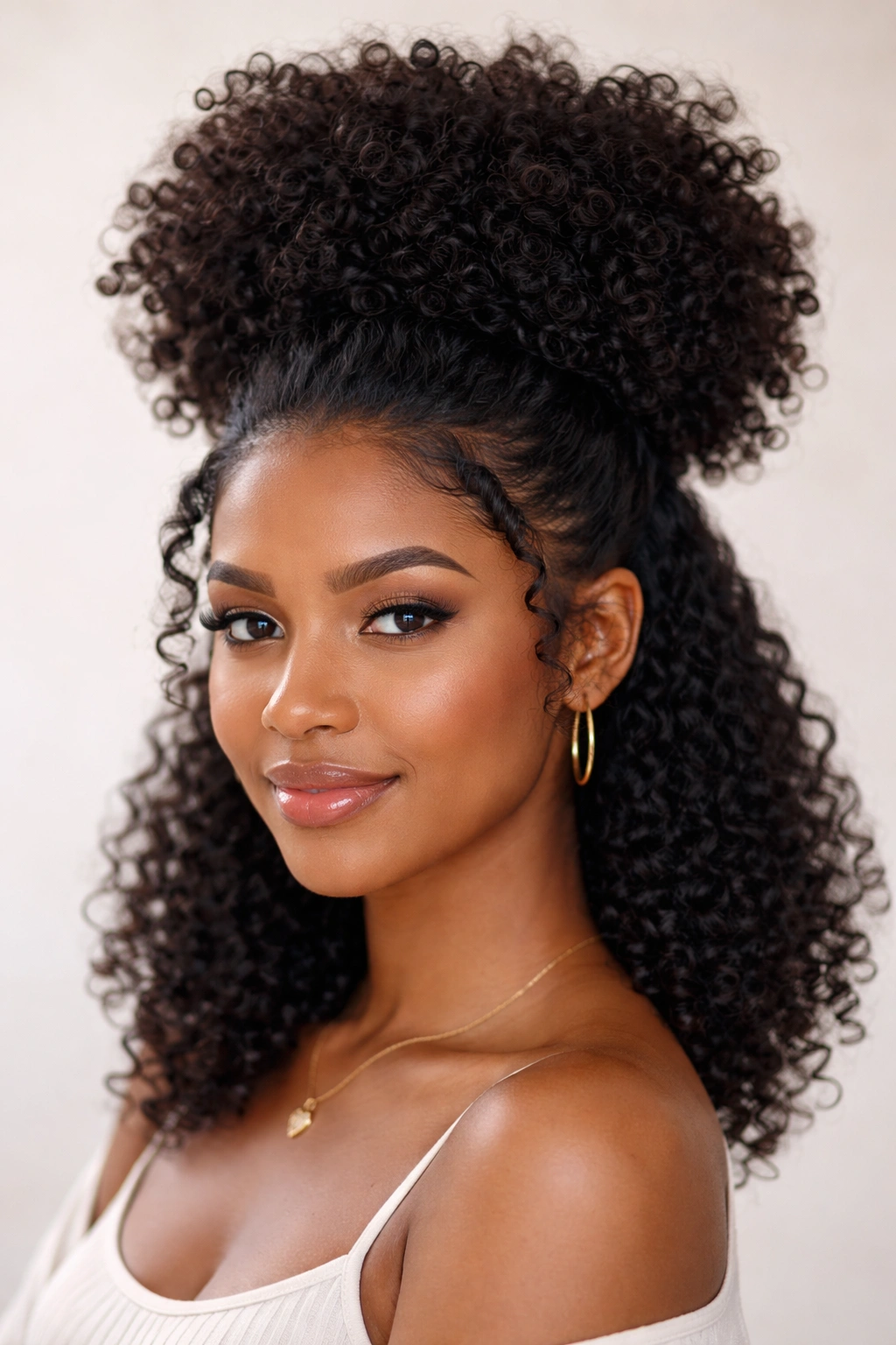 High crown puff with side tucked twists for face-framing effect