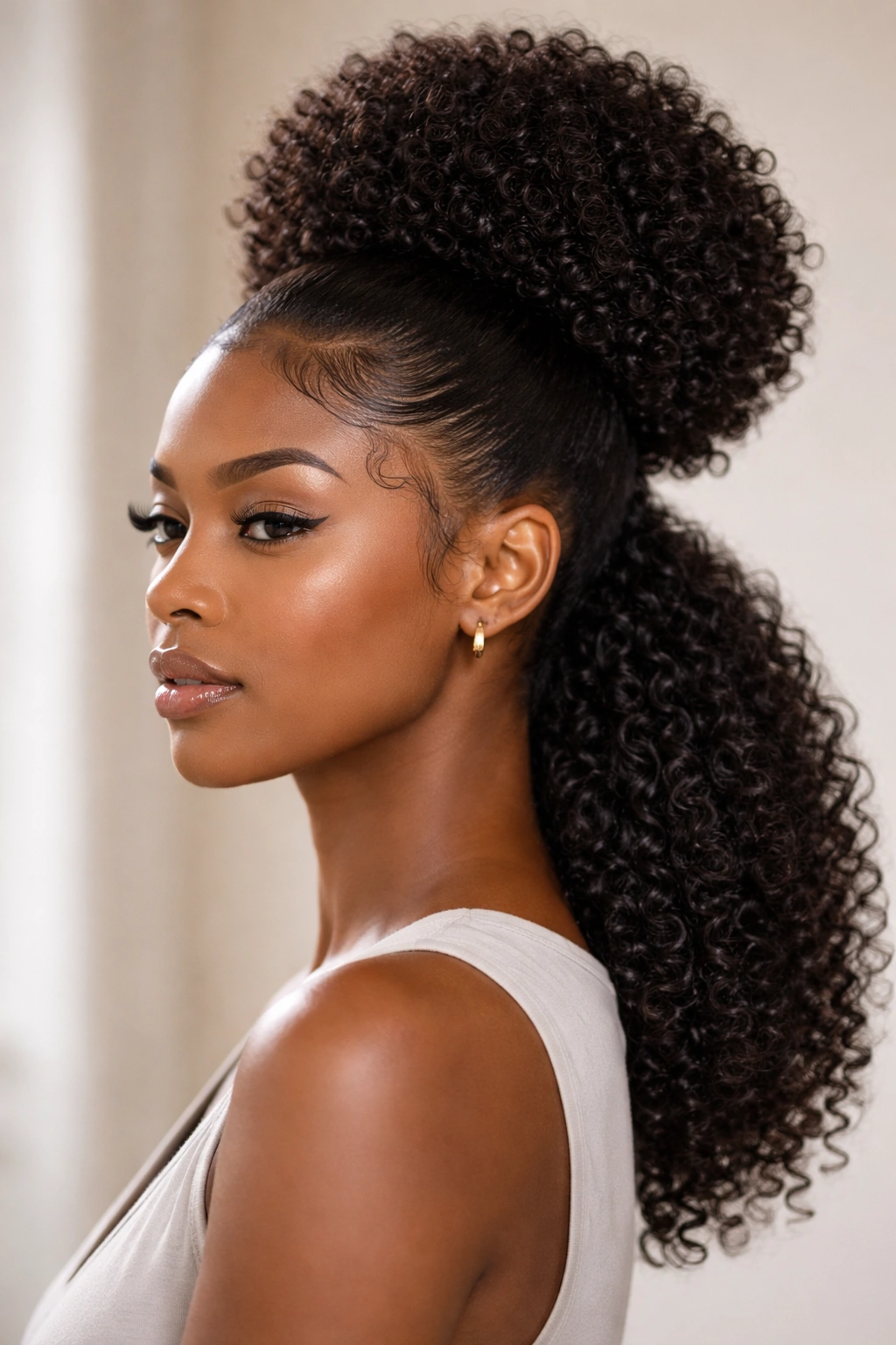 Profile view of high puff of defined coils with gel swirl edges at the hairline