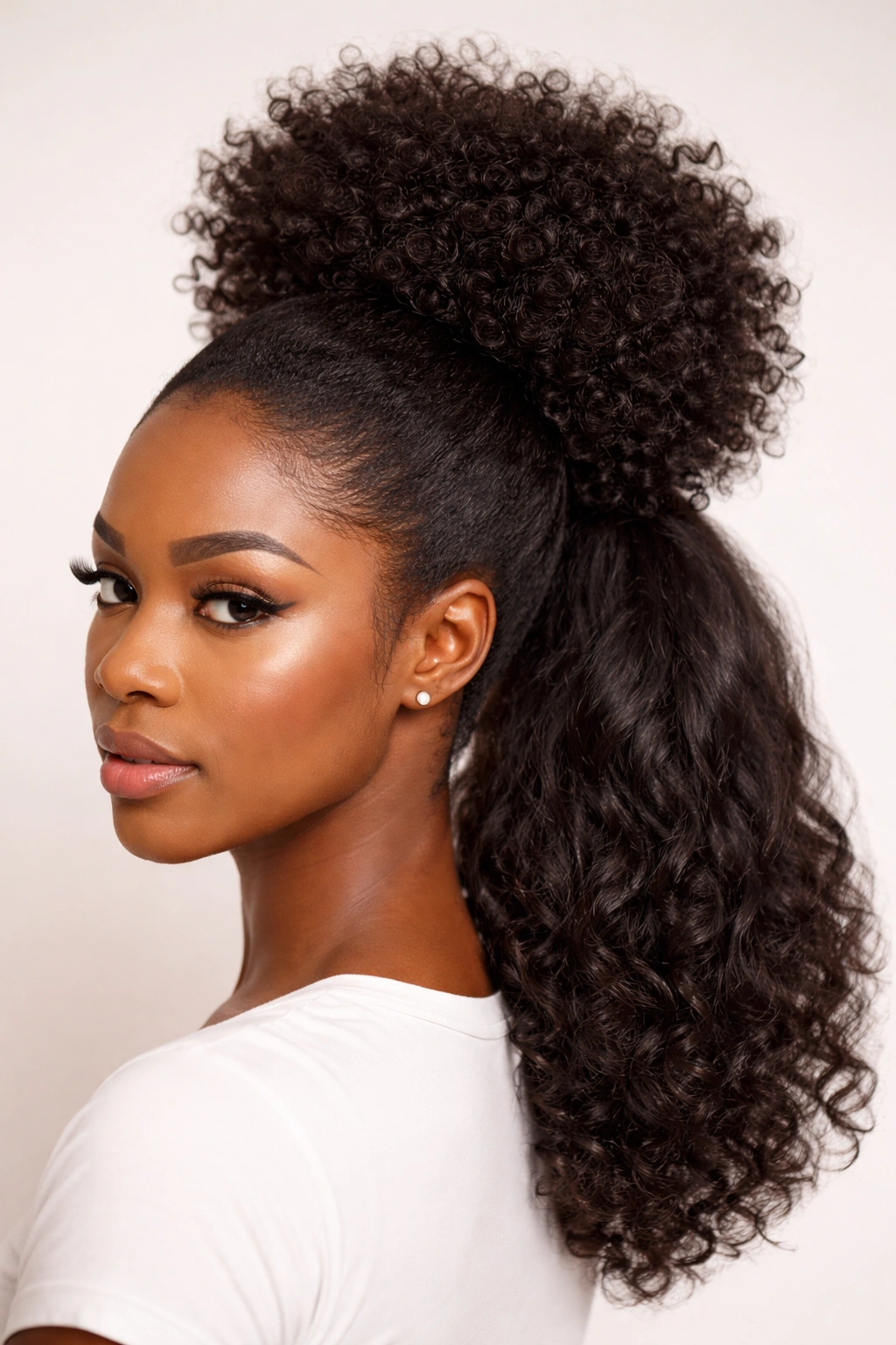 Voluminous crown puff ponytail with defined 4C curls