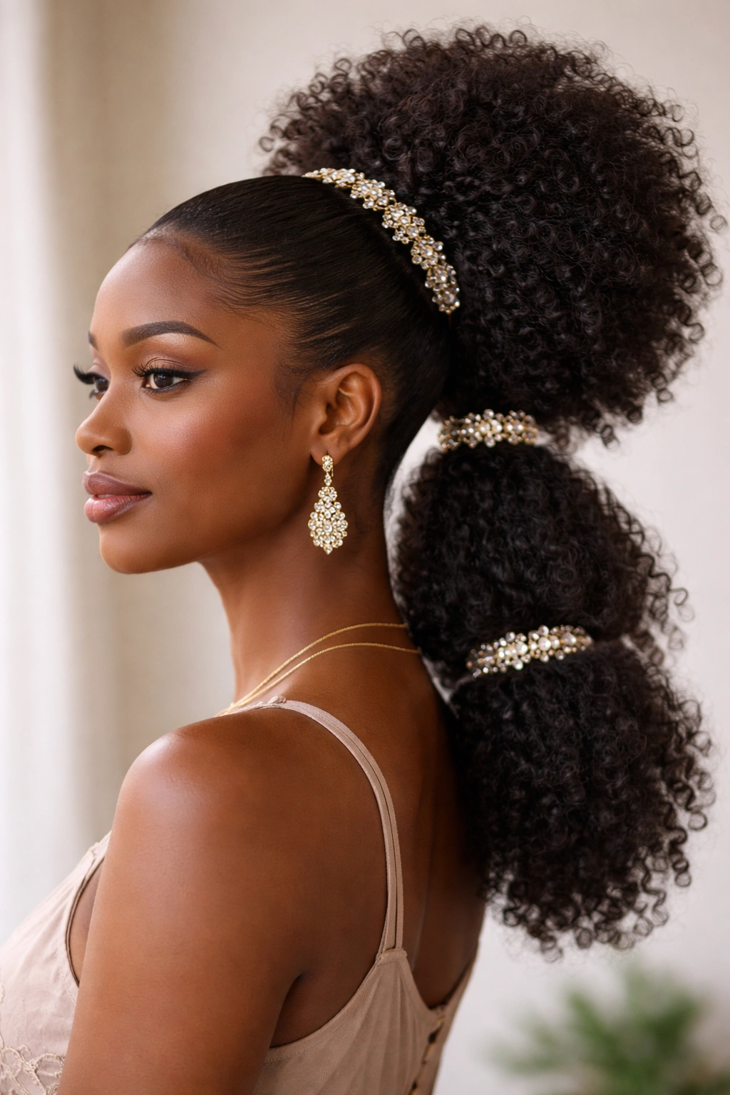 Rounded puff ponytail with jeweled clips around base and mid-length