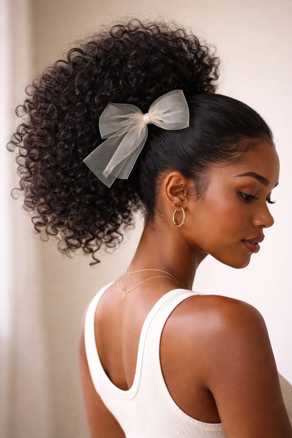 Puffed Ponytail with Mesh Bow close-up highlighting voluminous puff and sheer bow.