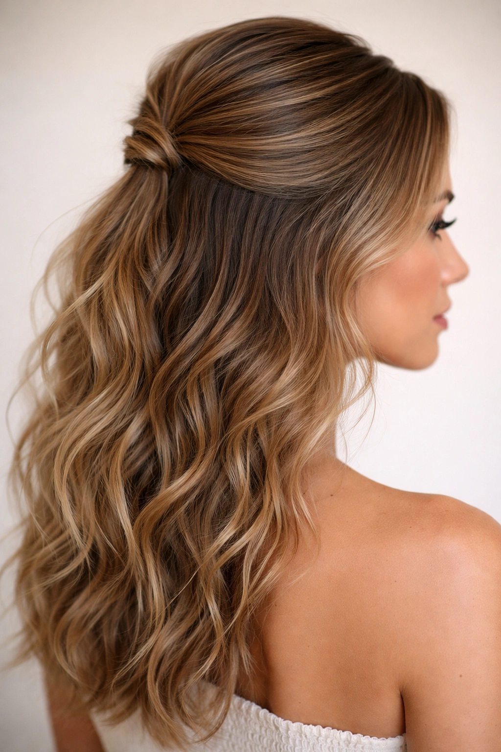 Pulled-back crown hairstyle with undone textured waves
