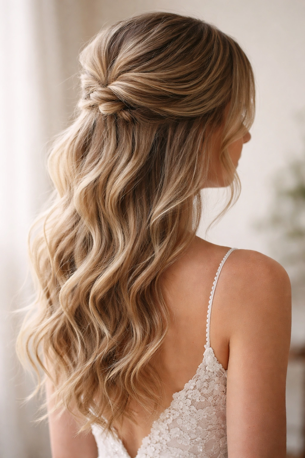 Pulled-back half-up hairstyle with soft, tousled texture