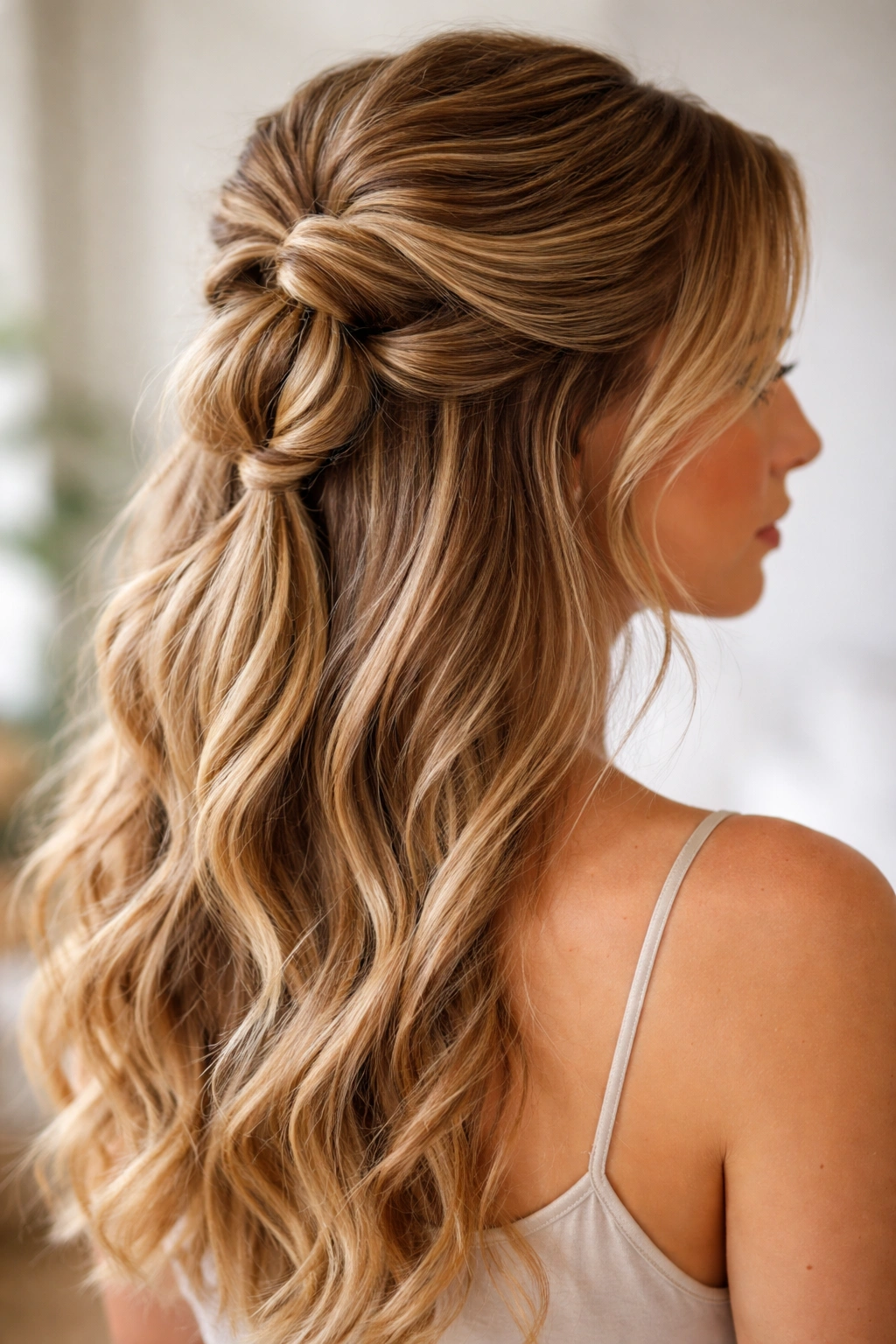 Three-dimensional pulled-through half-up hairstyle with loops at the crown.