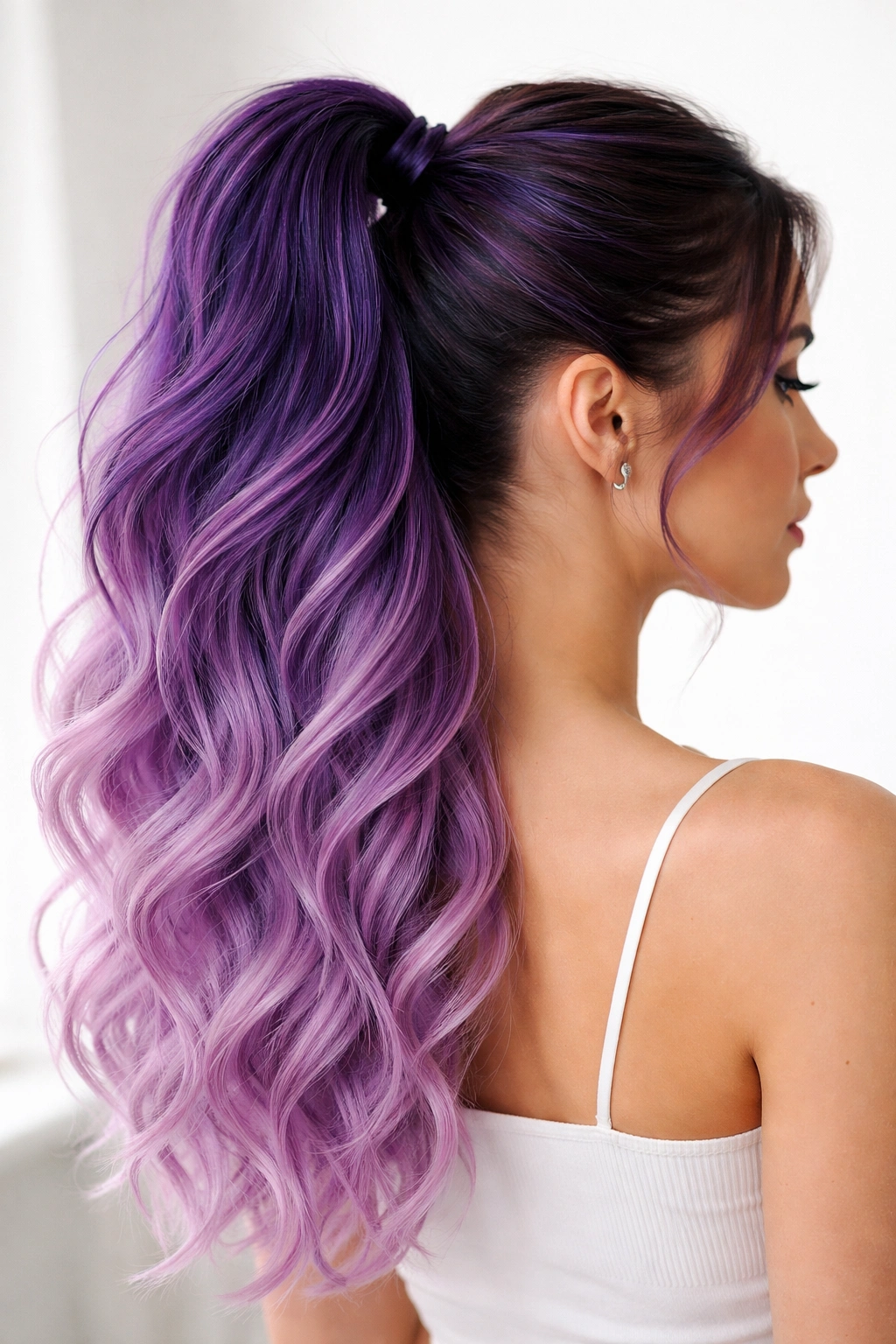 Textured ponytail with purple ombre gradient from dark roots to lighter ends