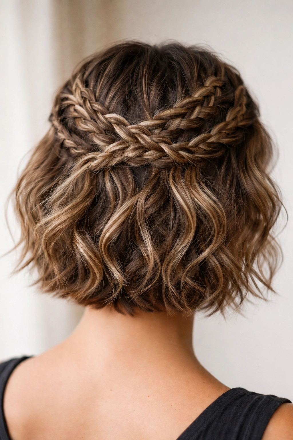 Quad-braid crown updo with crisscross braids over waves