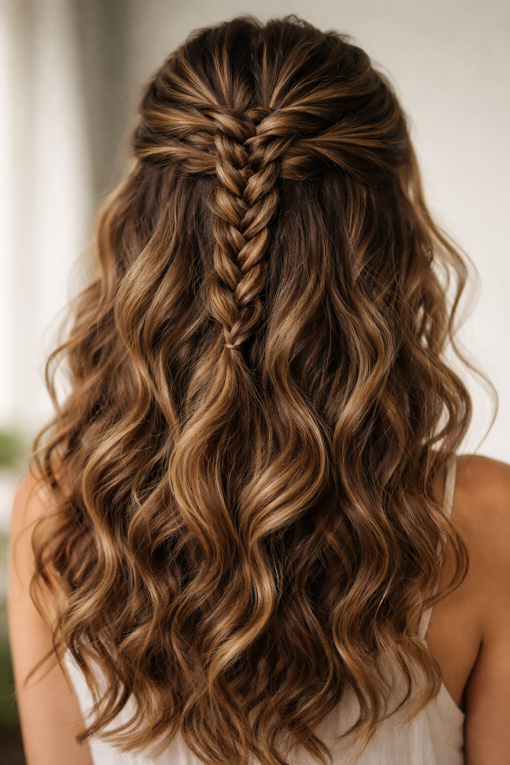 Top half-up hairstyle braided into a four-strand braid