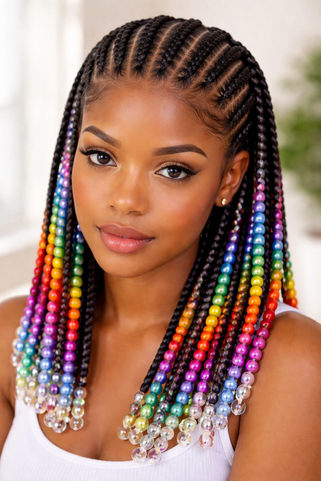 Close-up of rainbow beaded feed-in cornrows with colorful beads along the braids.