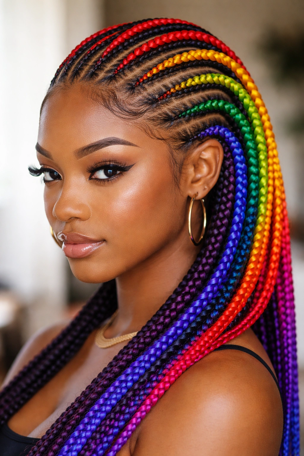 Close-up of rainbow-colored feed-in cornrows with vibrant hues arranged along the scalp.