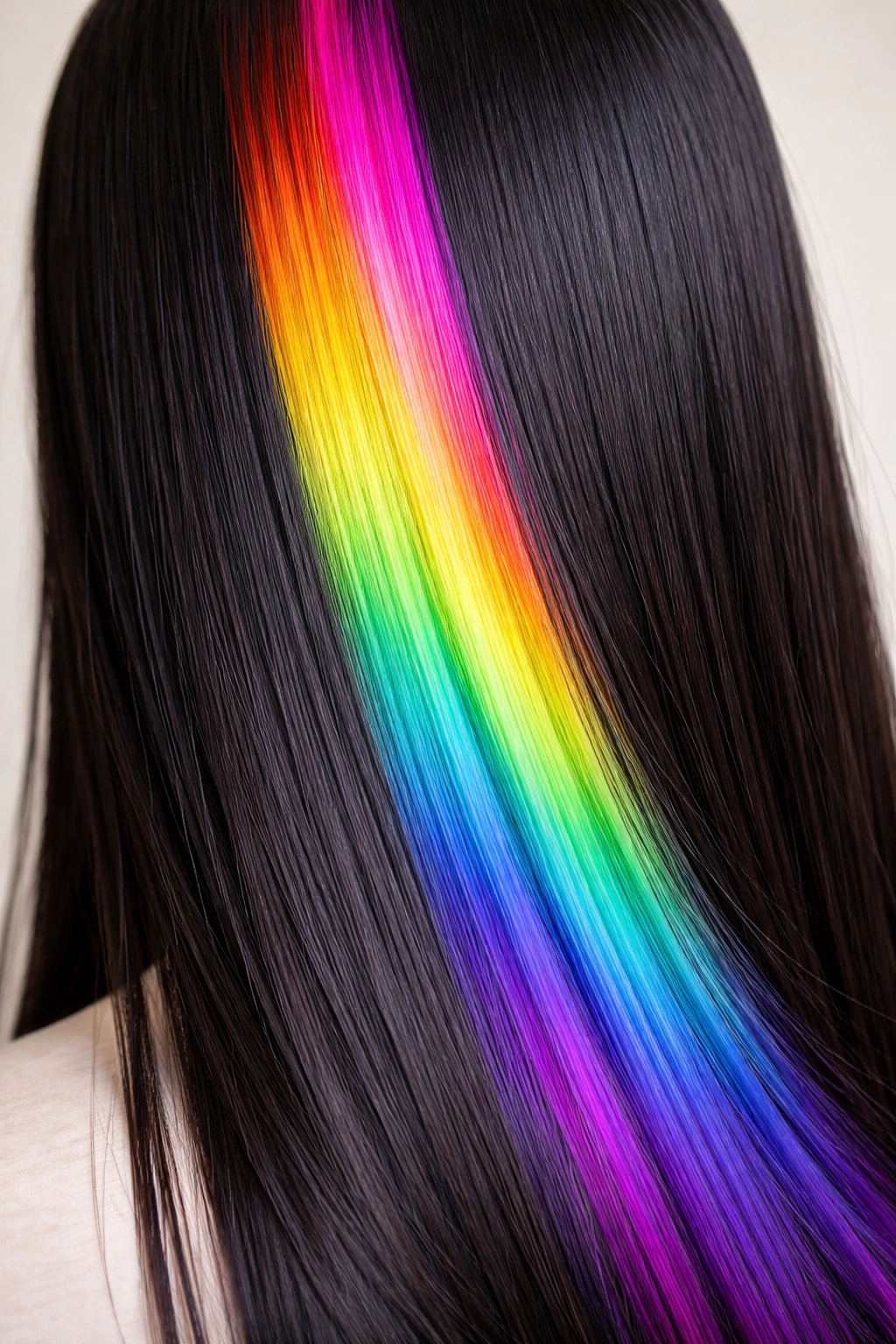 Close-up of straight hair with gradient rainbow skunk stripe