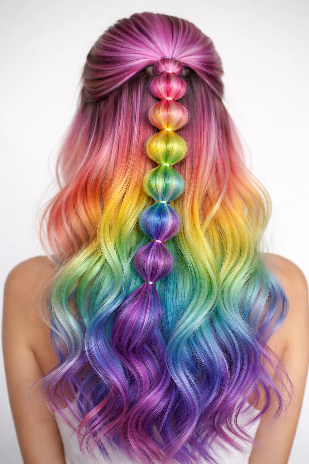 Rainbow ombre bubble braid half-up with multicolor gradient