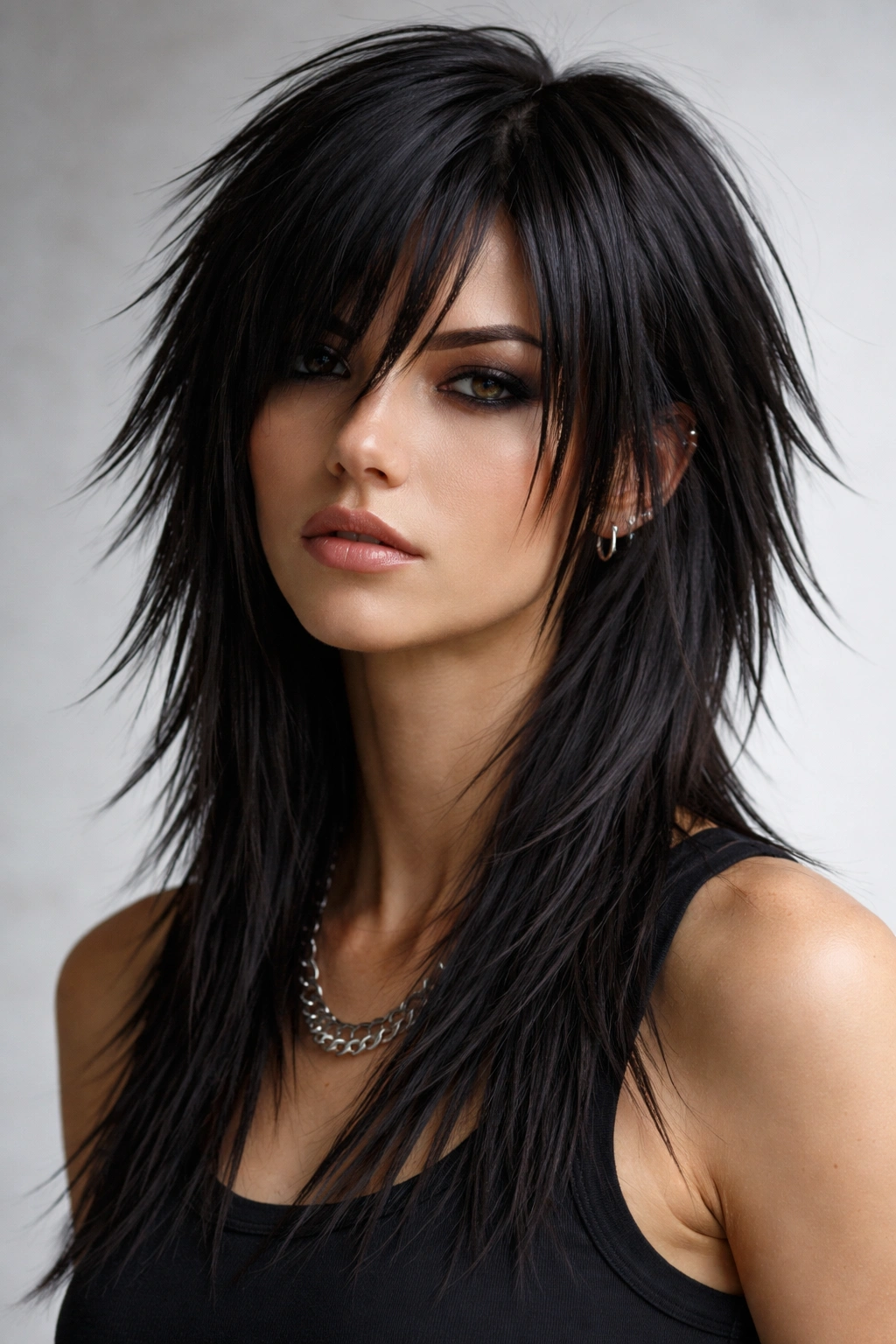 Close-up of razor-cut choppy layers on straight hair with sharp edges