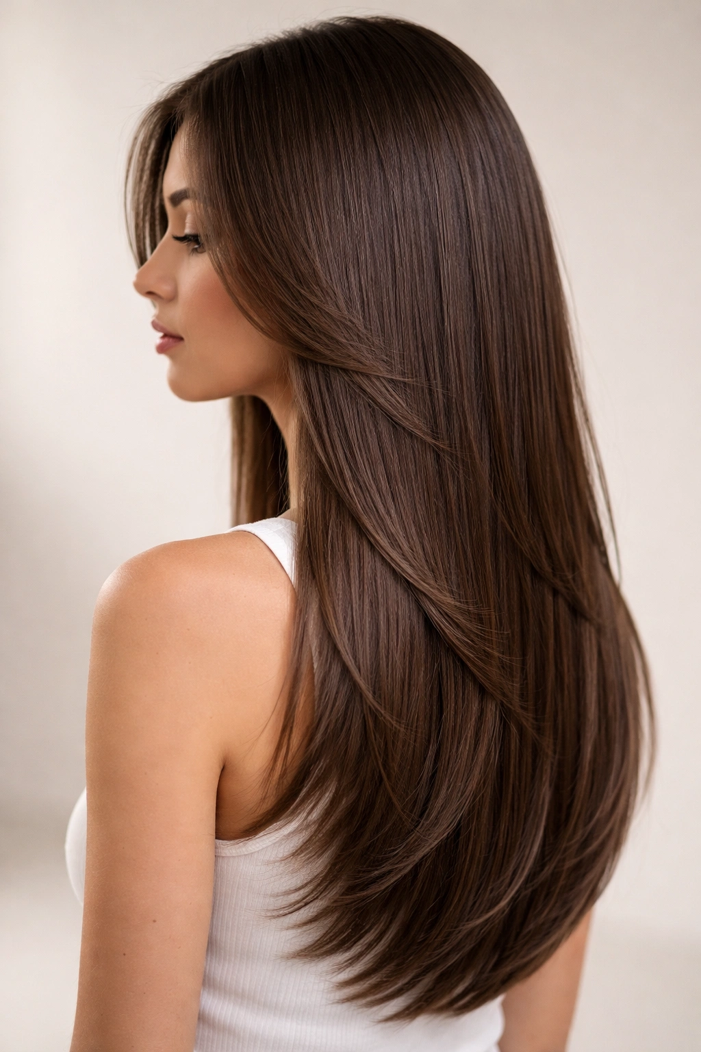 Profile view of straight hair with razor-cut long layers and precise edges