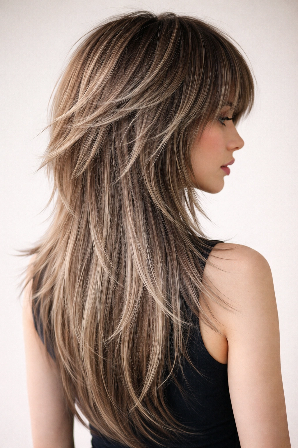 Razor-cut jellyfish hairstyle with textured layers on straight hair in a studio