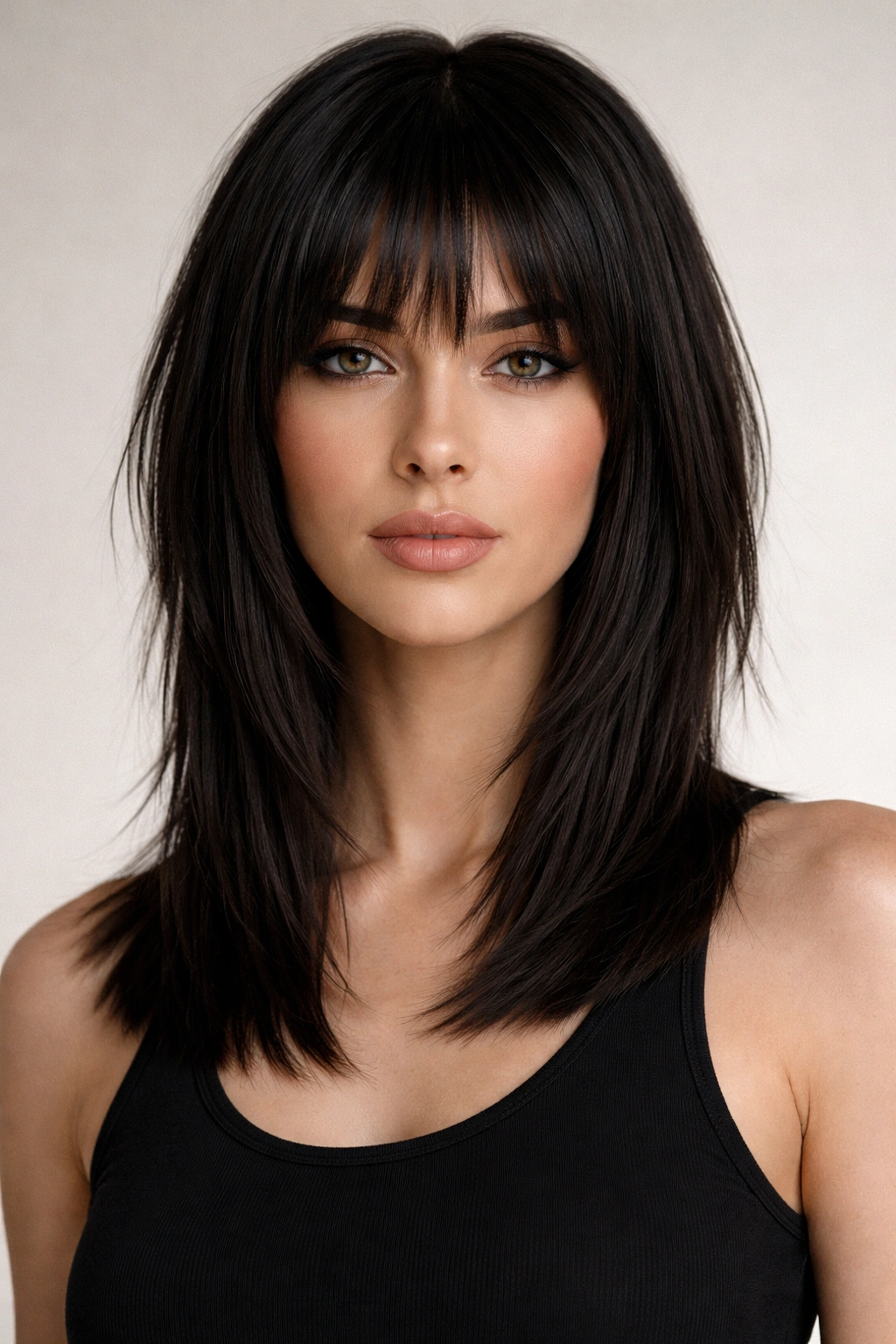 Close-up of straight hair with razor-cut modern shag featuring clean geometric layers at collarbone length