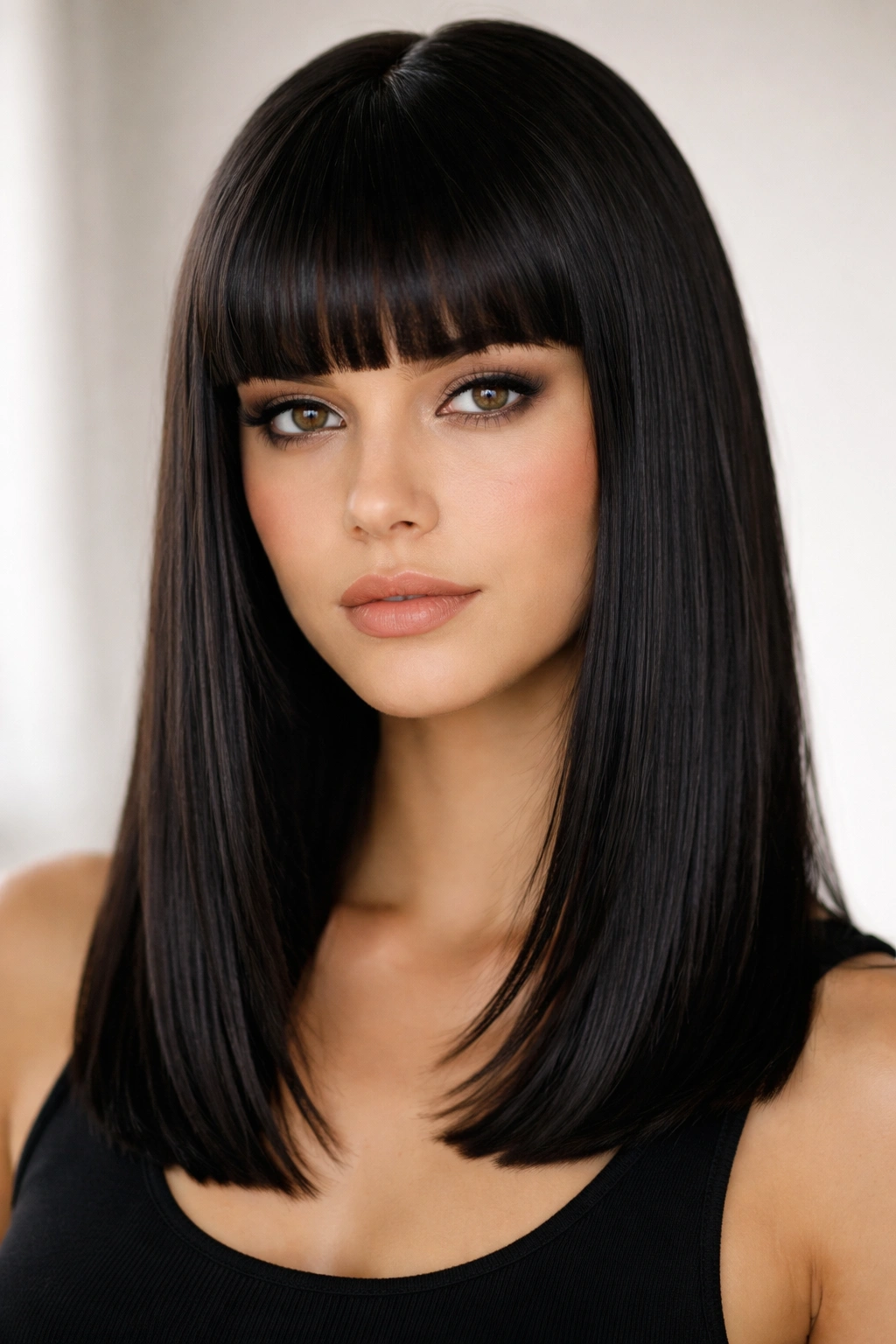 Close-up of blunt bangs and razor-straight hair with minimal texture