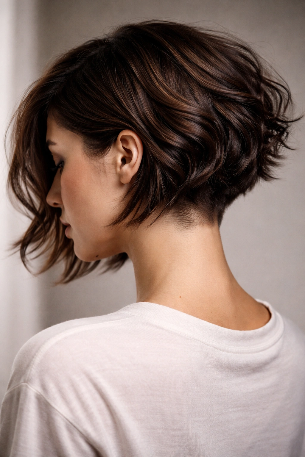 Espresso brown razored undercut bob with visible texture.
