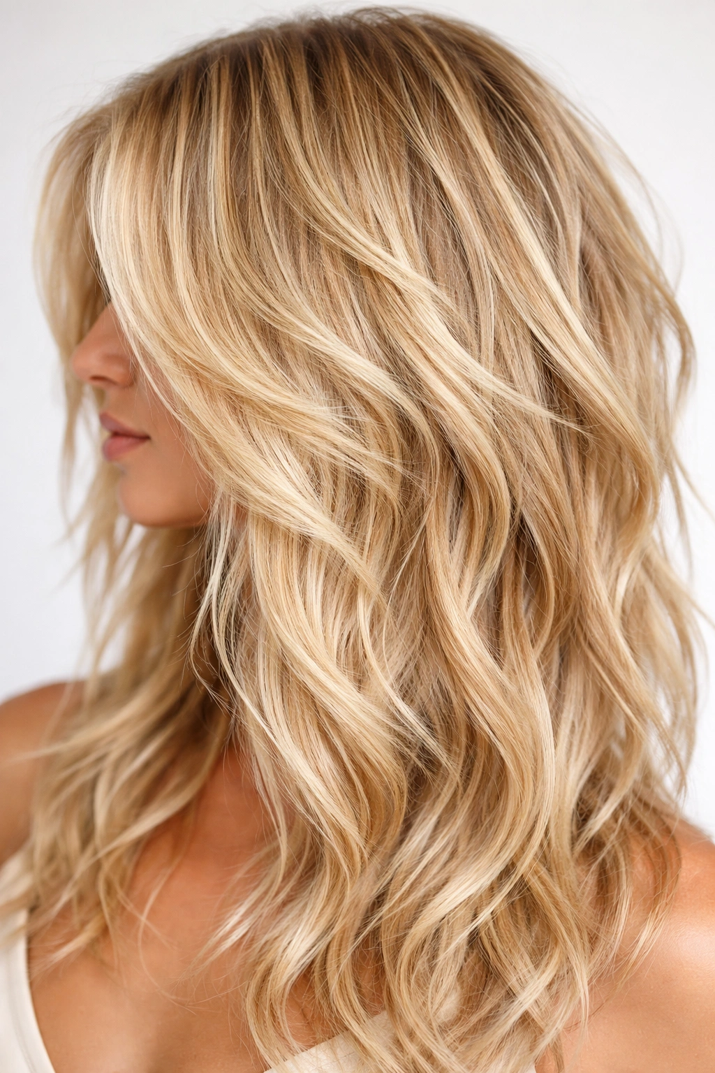 Blonde hair with razor-cut layers and textured waves