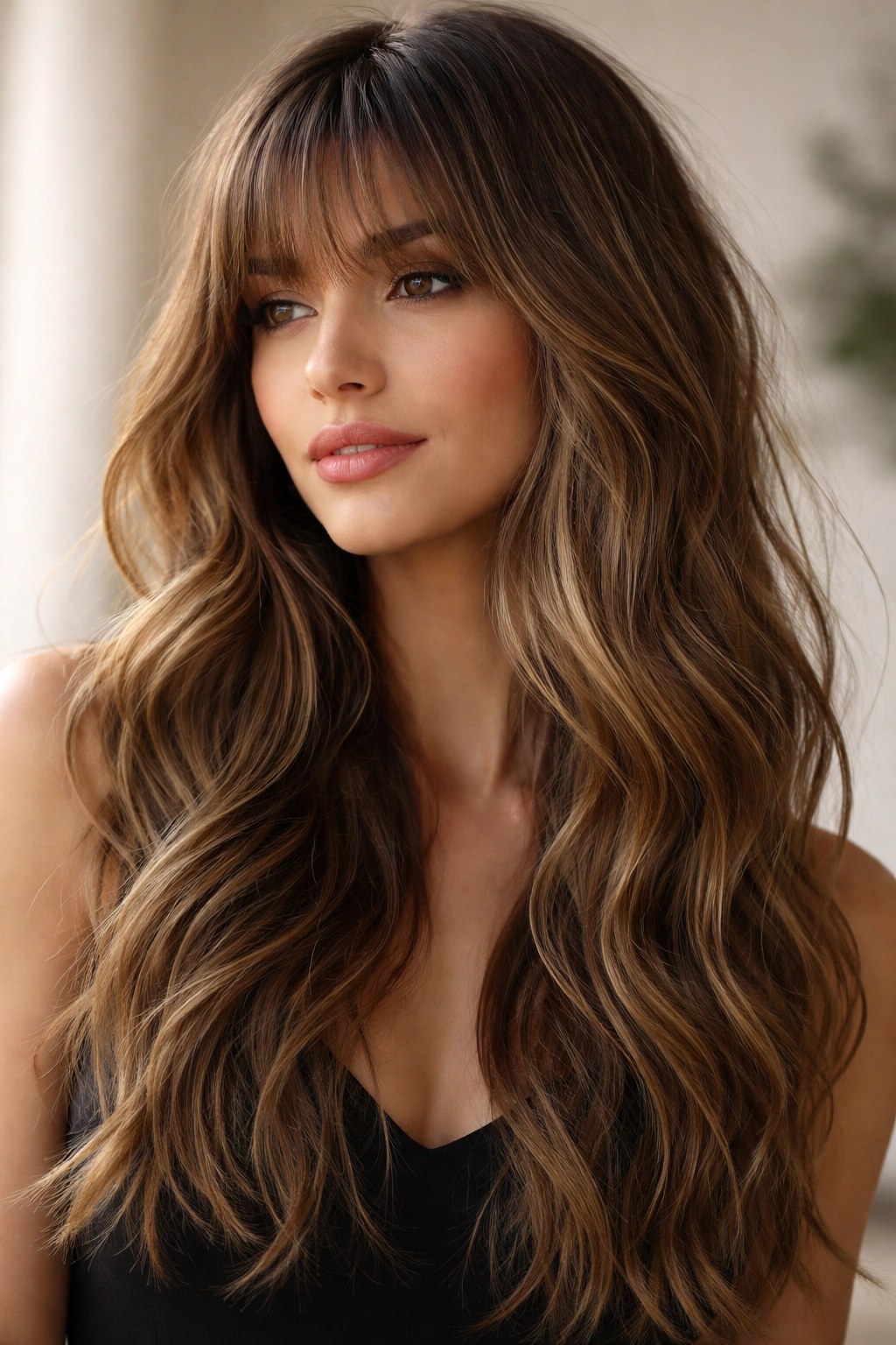 Long waves with razored wispy bangs close-up