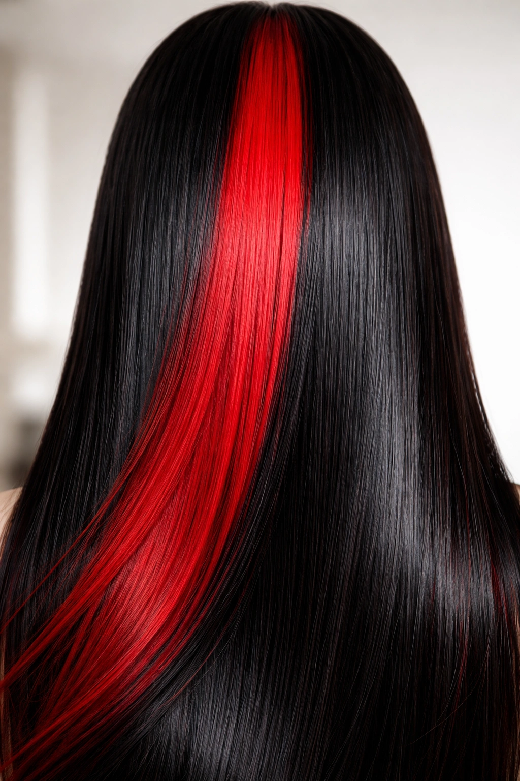Close-up of straight hair with bold red and jet black skunk stripe