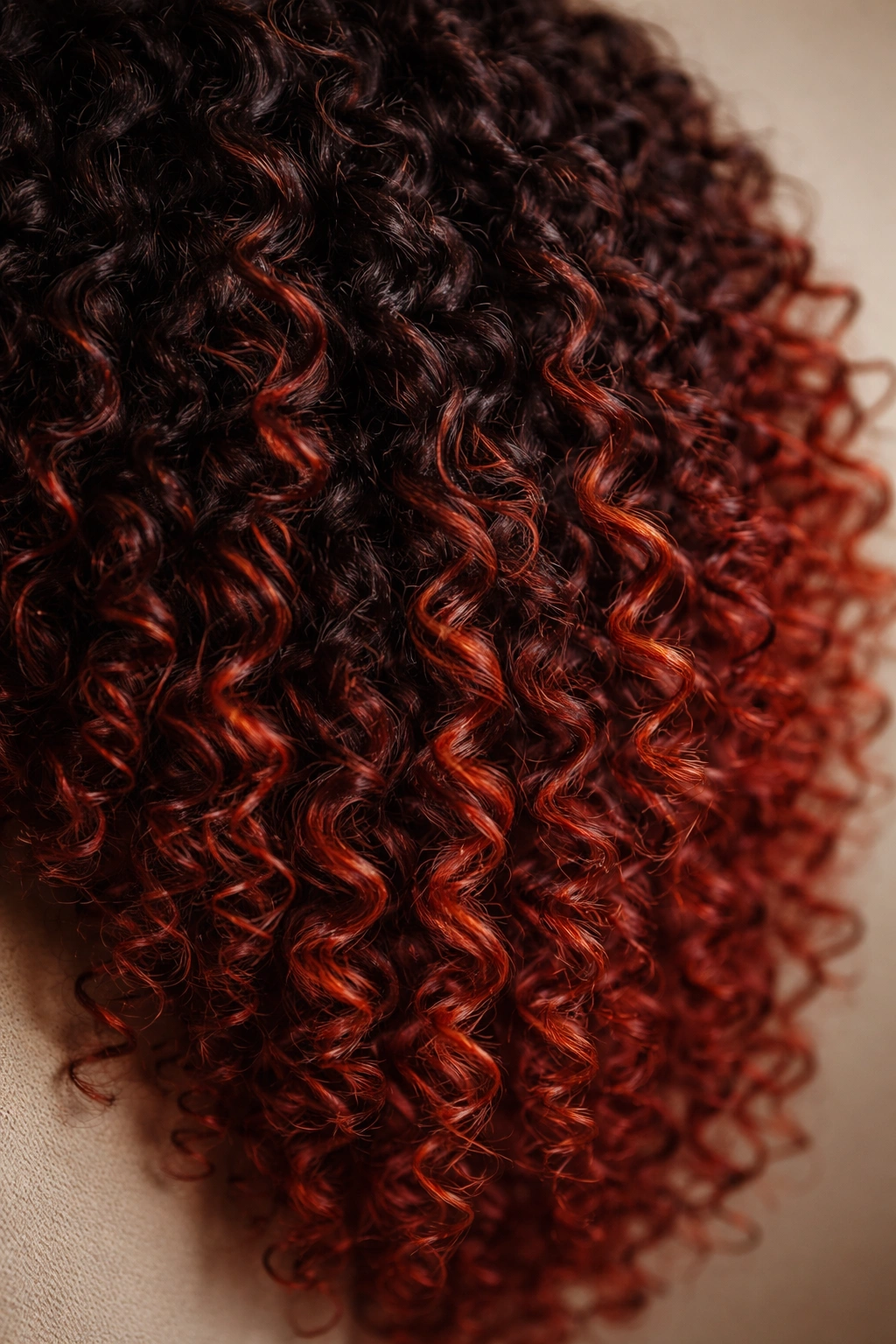 Close-up of coily hair with red-brown ombré from roots to ends