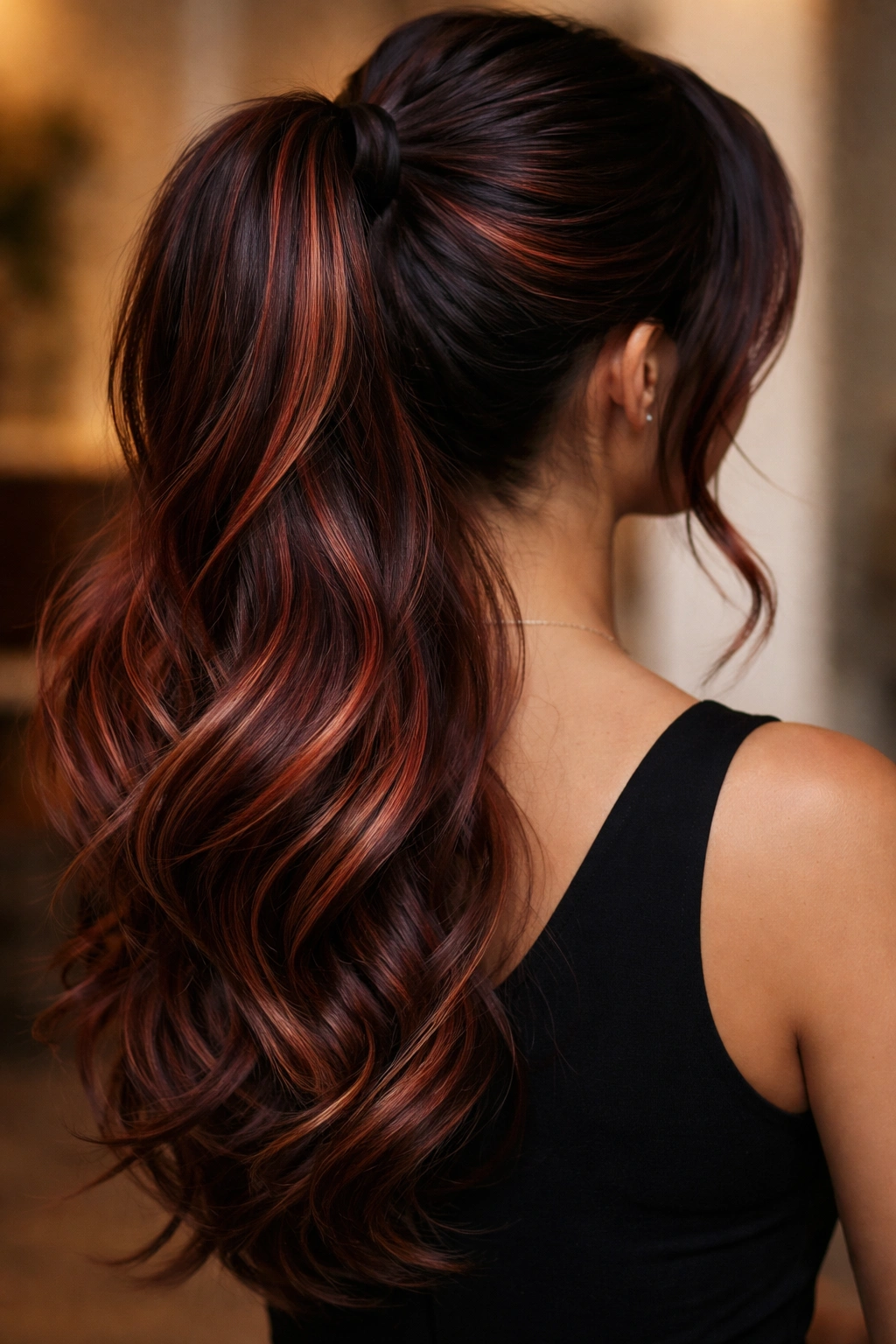Dark base ponytail with red and copper dimensional highlights.