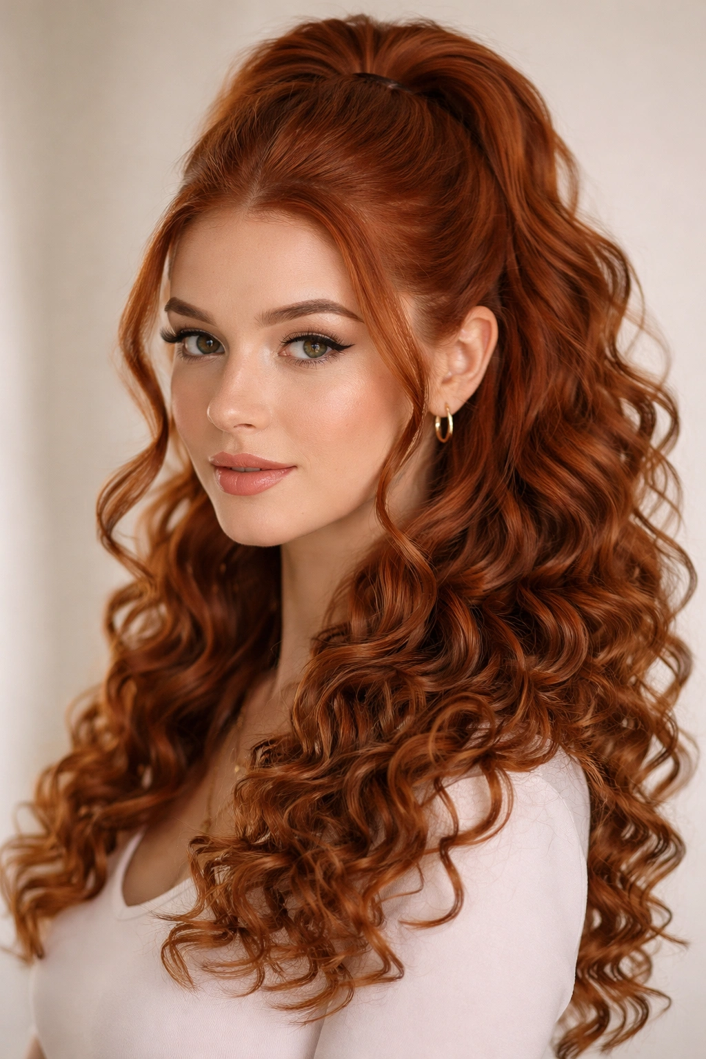 Red hair with defined curls in lower half and smooth half-up top