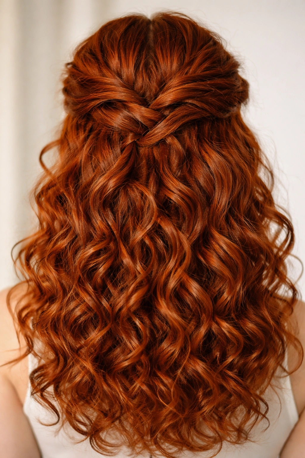 Close-up of red curly hair styled into intertwined half-up sections
