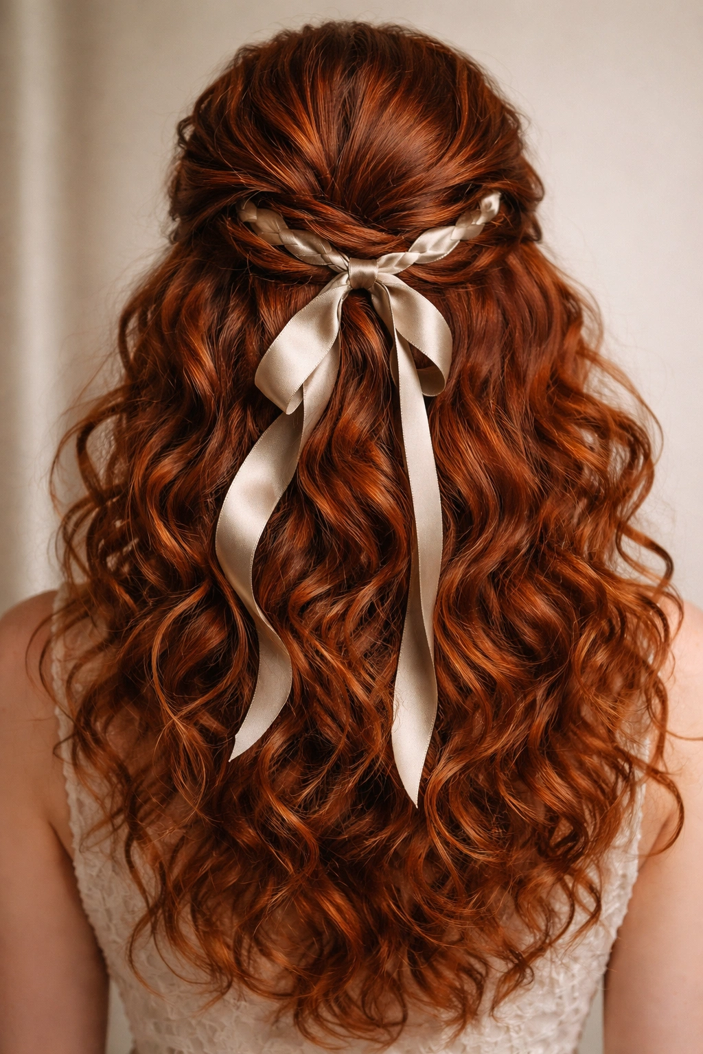 Red curly hair half-up with satin ribbon woven through gathered section