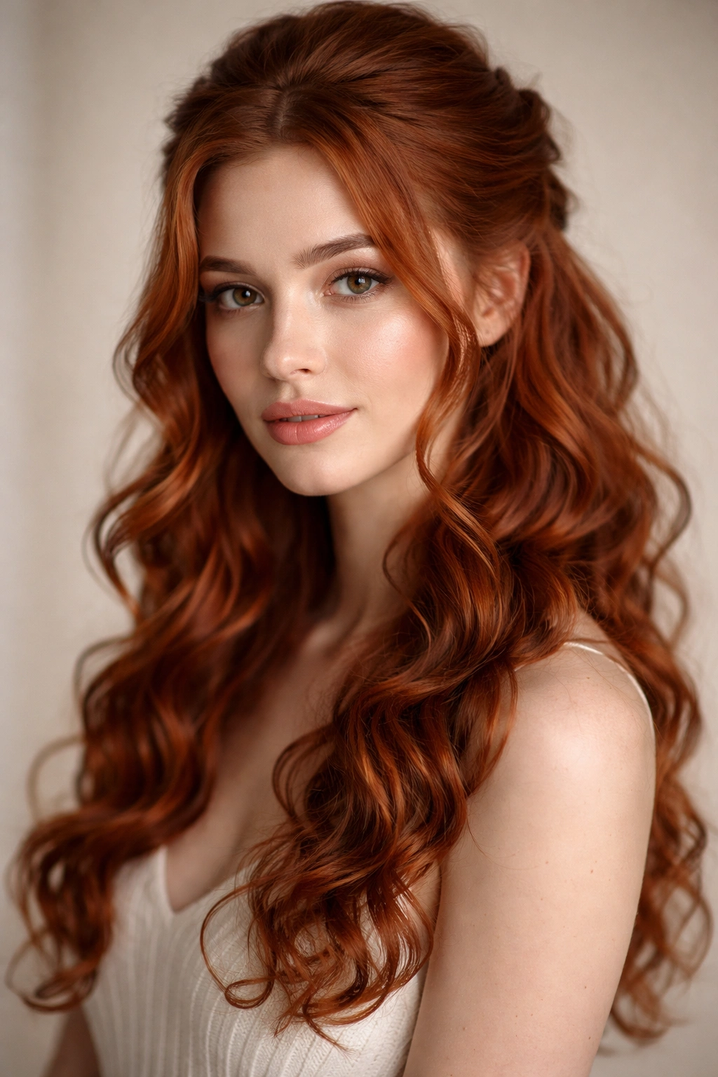 Romantic half-up hairstyle with soft face-framing curls on red hair