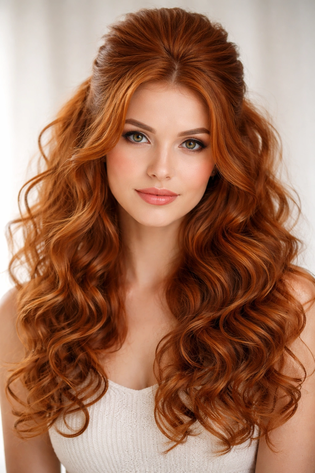 Red curls with teased crown half-up style