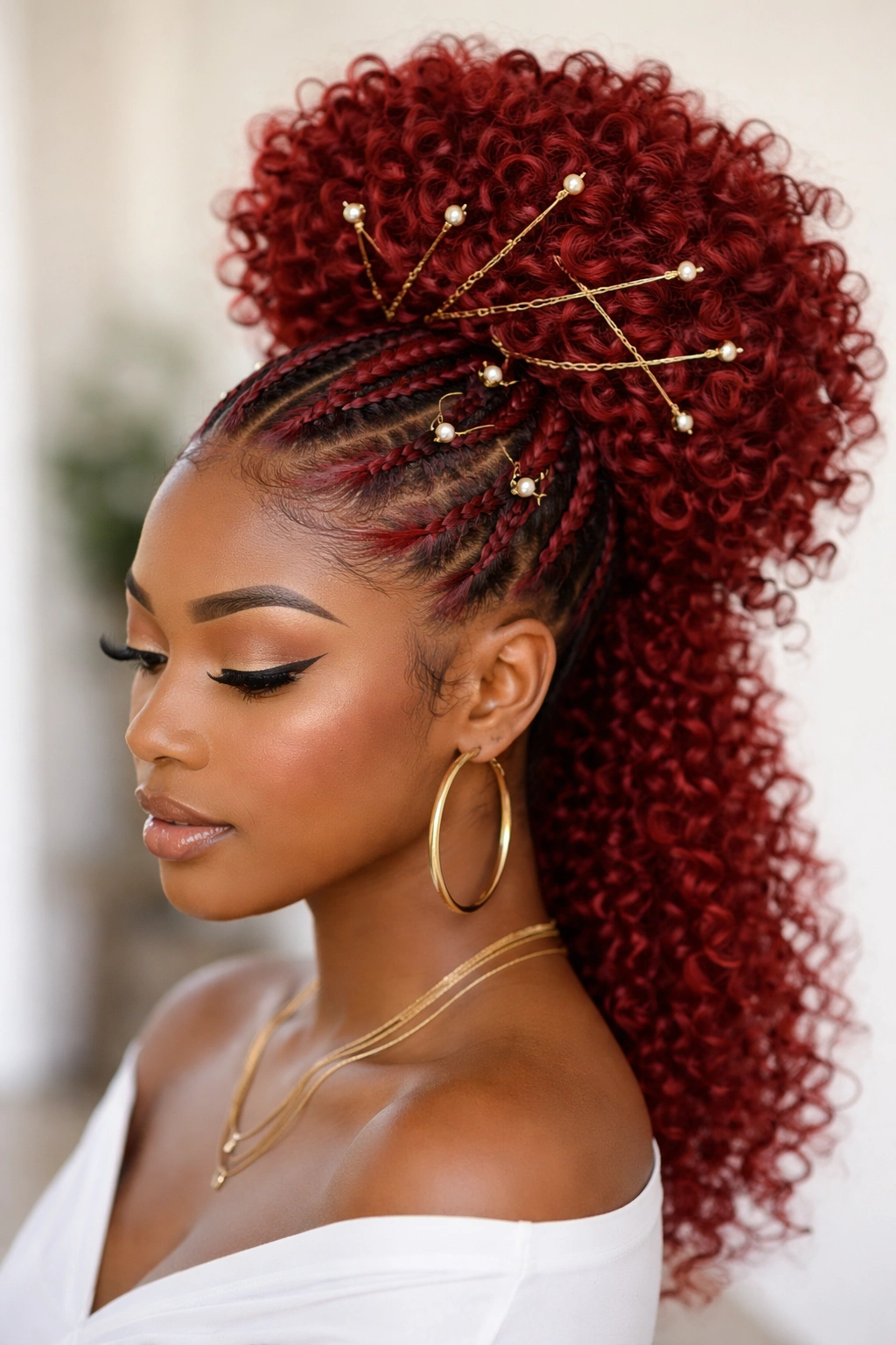 Red feed-in high puff bun with decorative pins in crown
