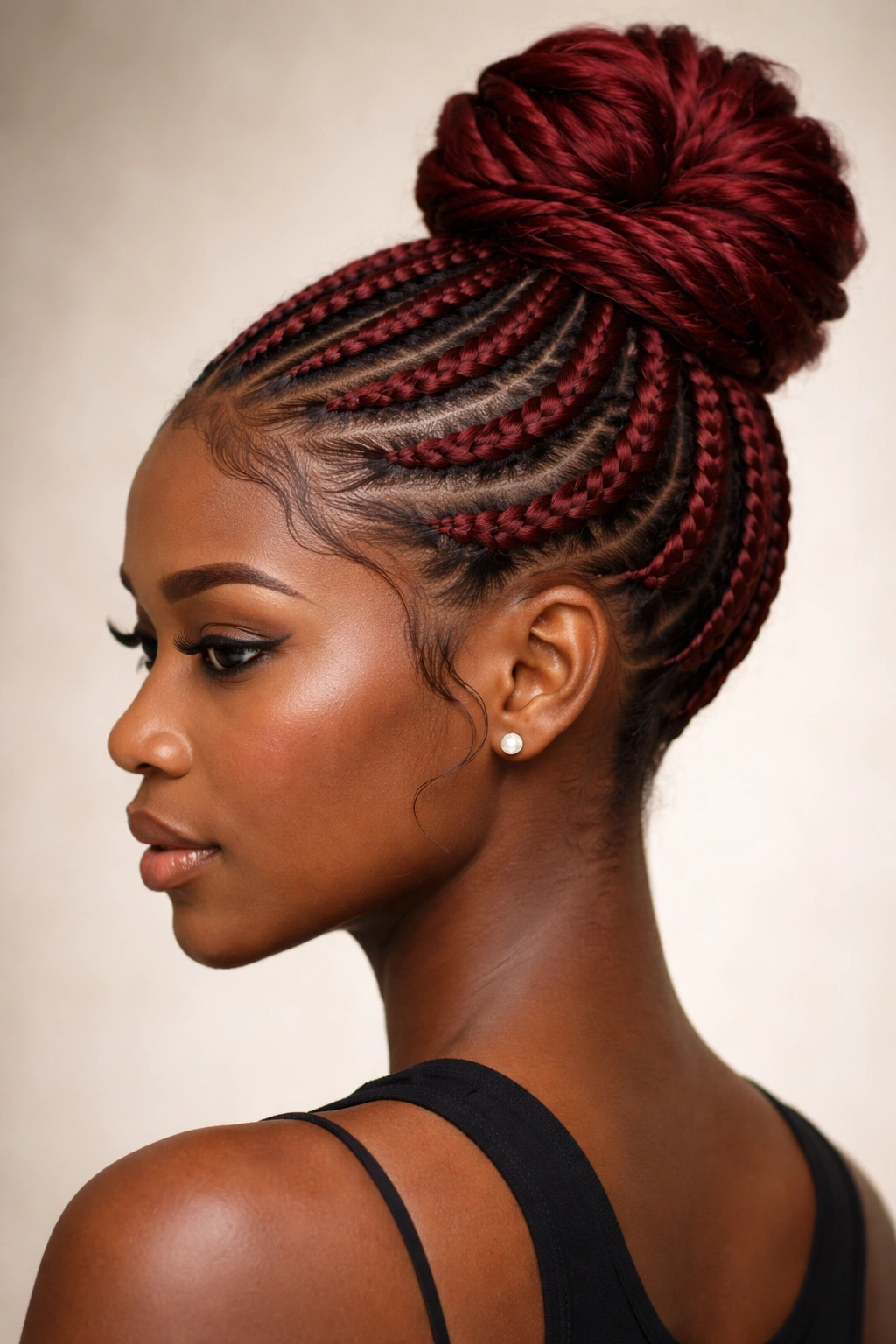 Red goddess bun with curved feed-in cornrows