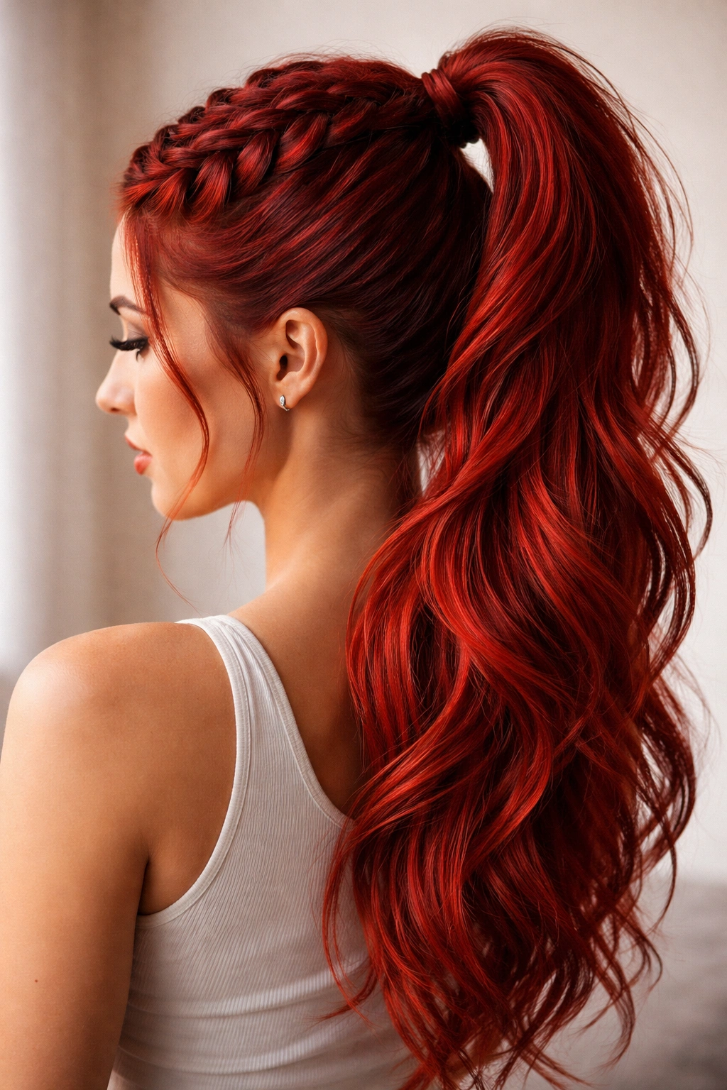 Close-up of red hair with a raised Dutch braid and high ponytail, showing color depth