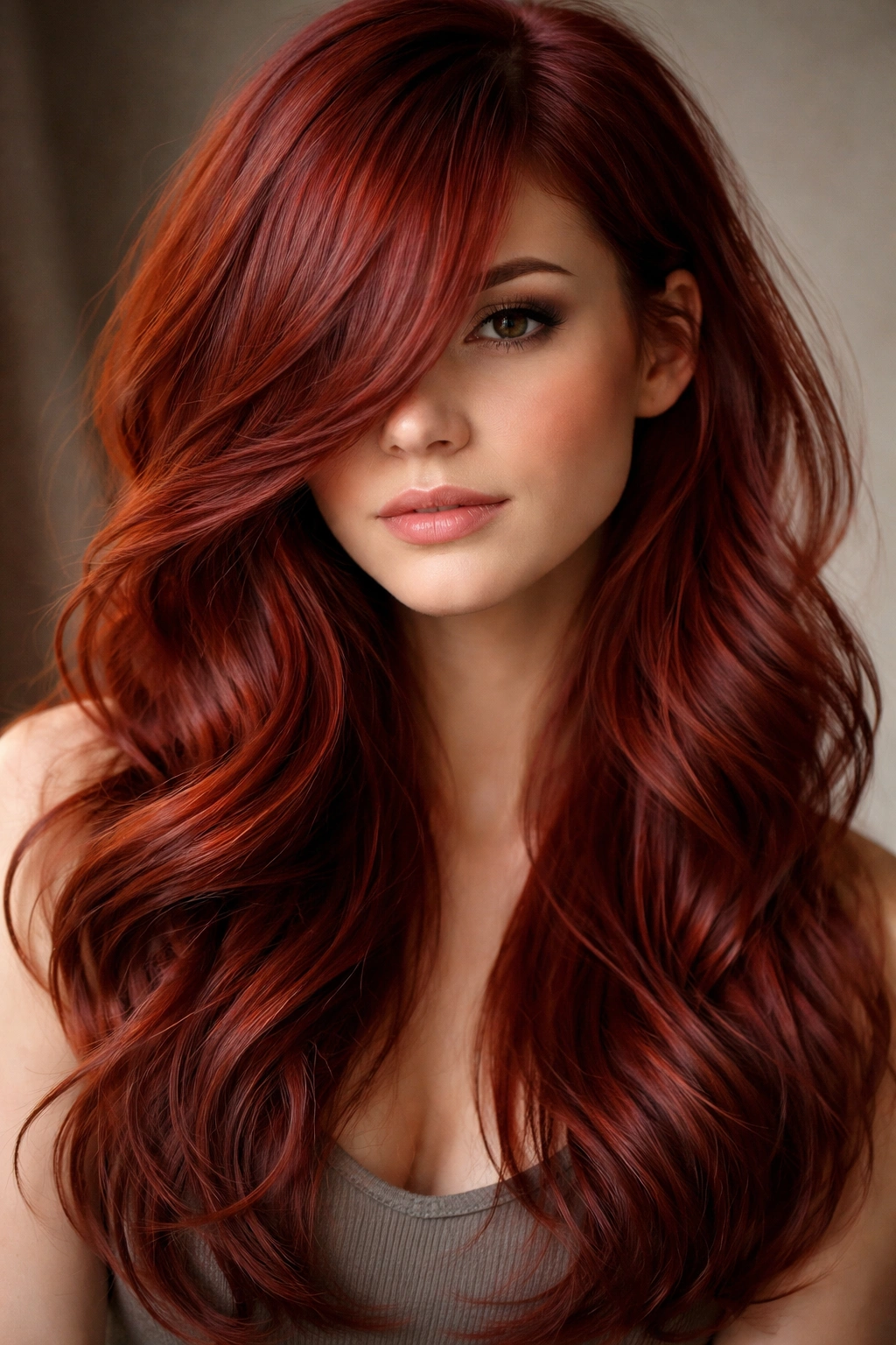 Close-up of a red-haired person with long side bangs and layered waves