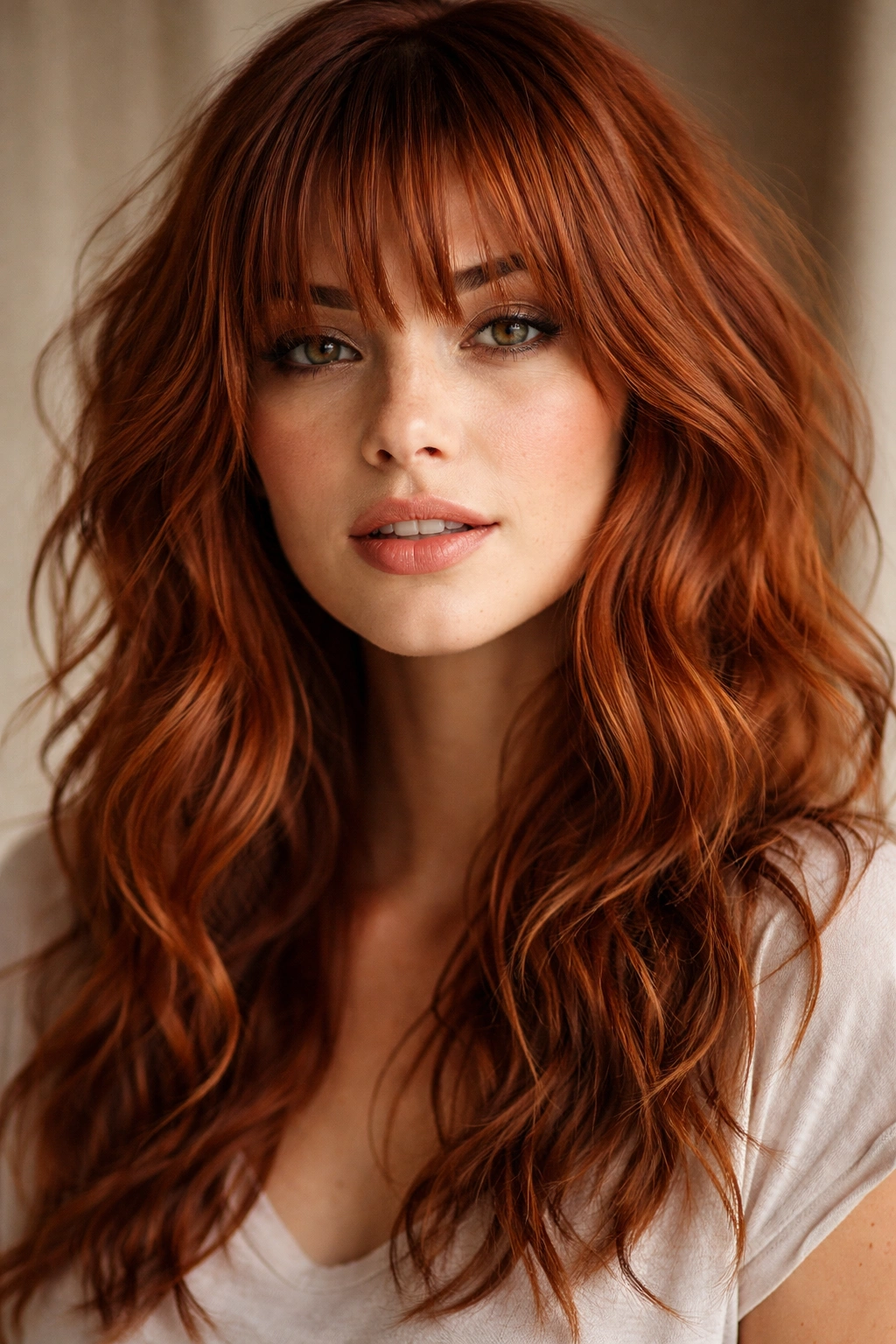 Red hair with piece-y bangs and tousled waves