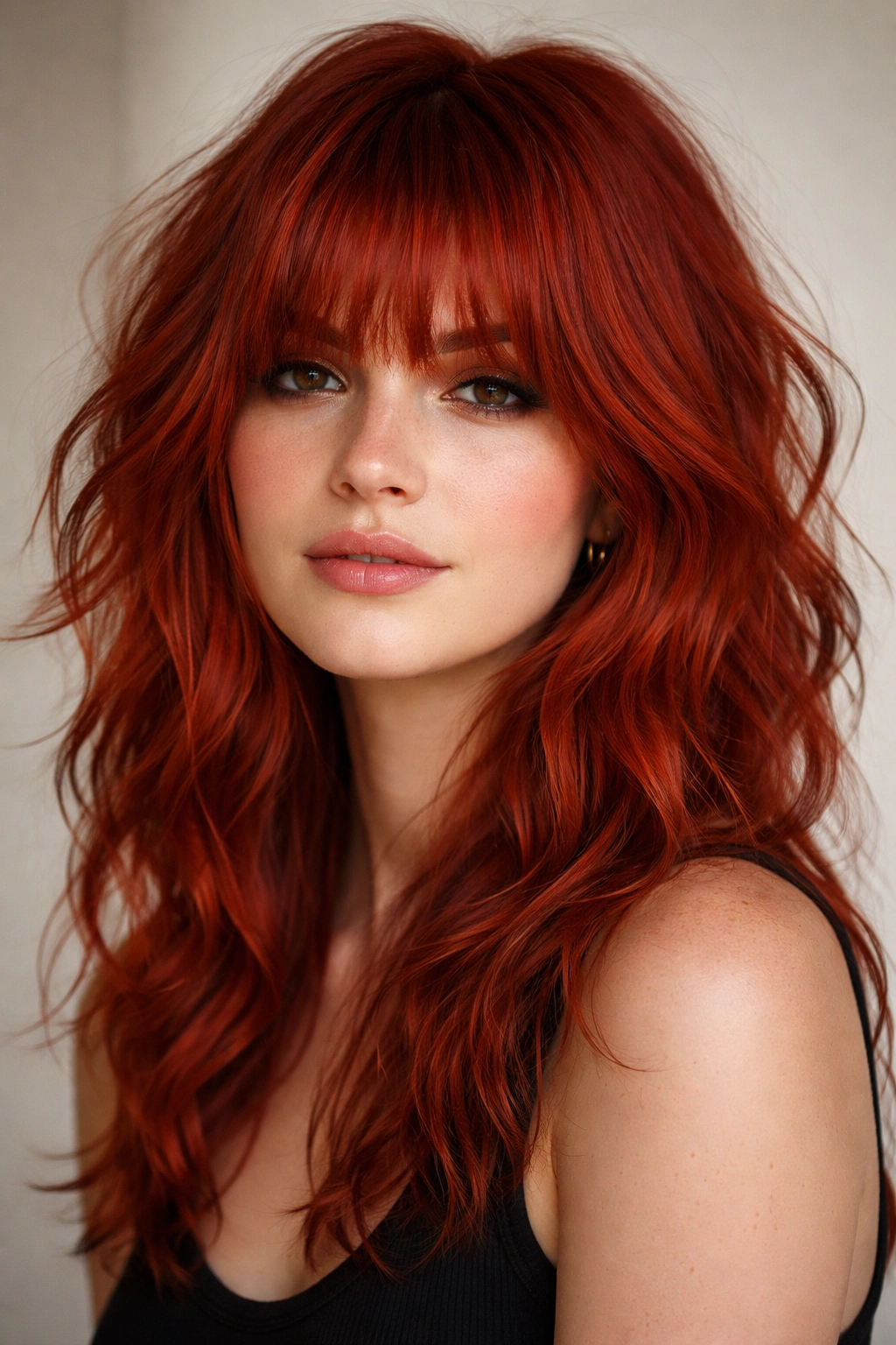 Red-haired person with shaggy bangs and textured waves