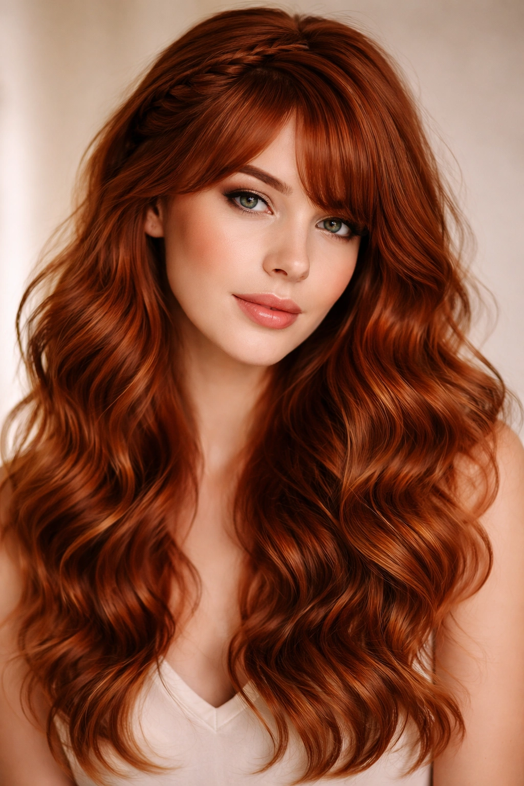 Red-haired person with twisted bangs and romantic waves