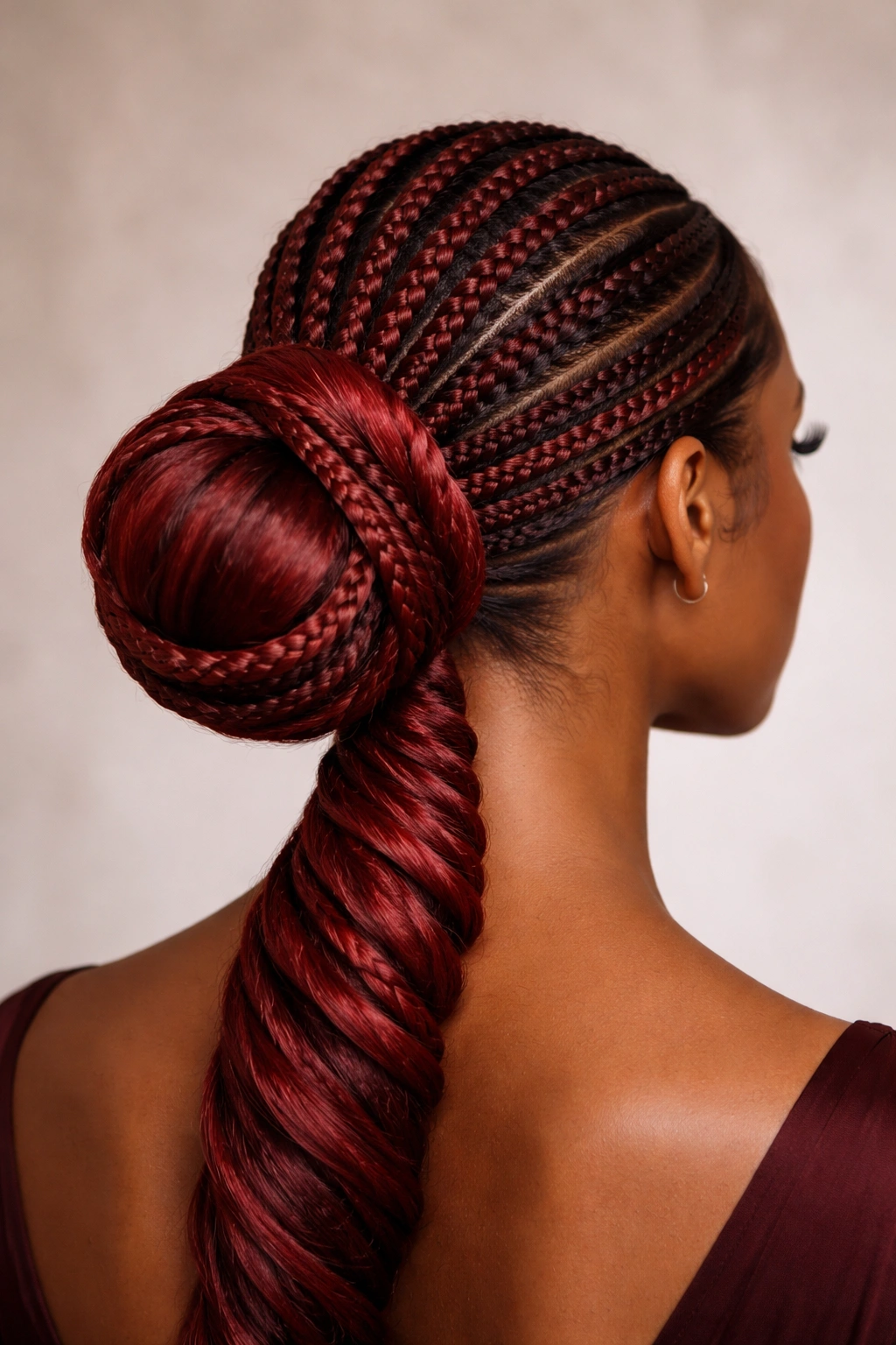 Red low cornrow bun with back wrap detail