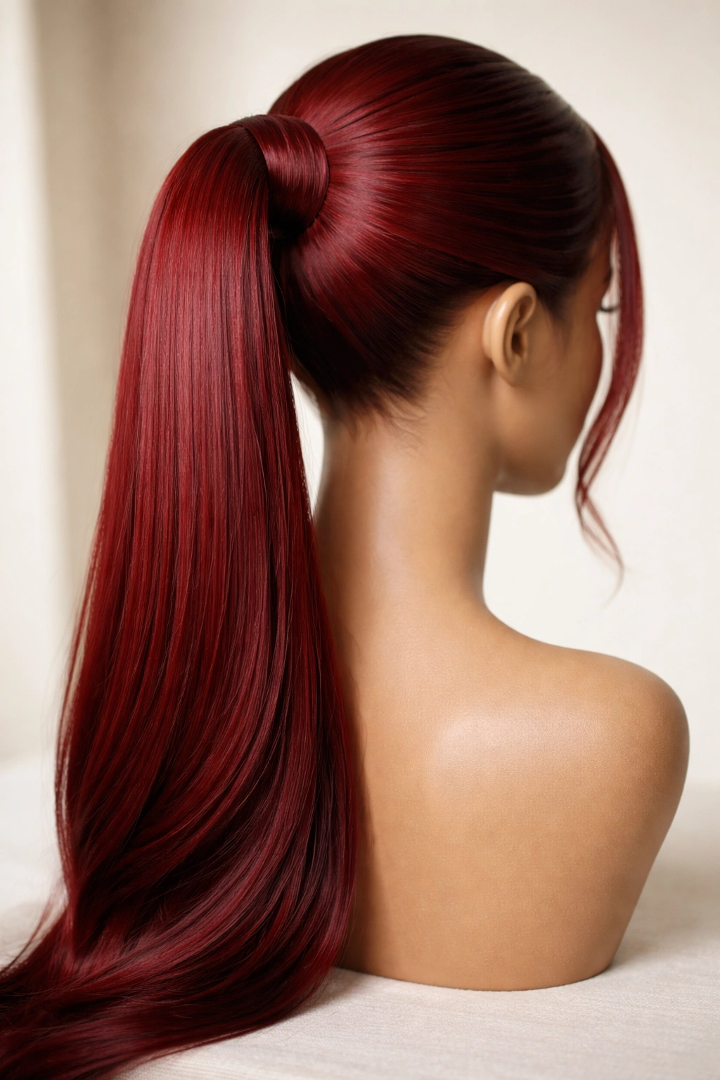 Close-up of a glossy red weave ponytail with a polished wrap on a neutral background