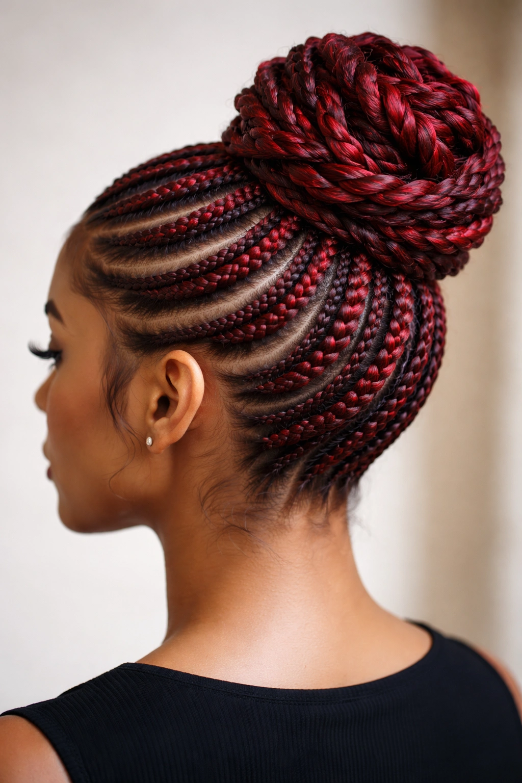 Red spiral cornrow bun with twisted details